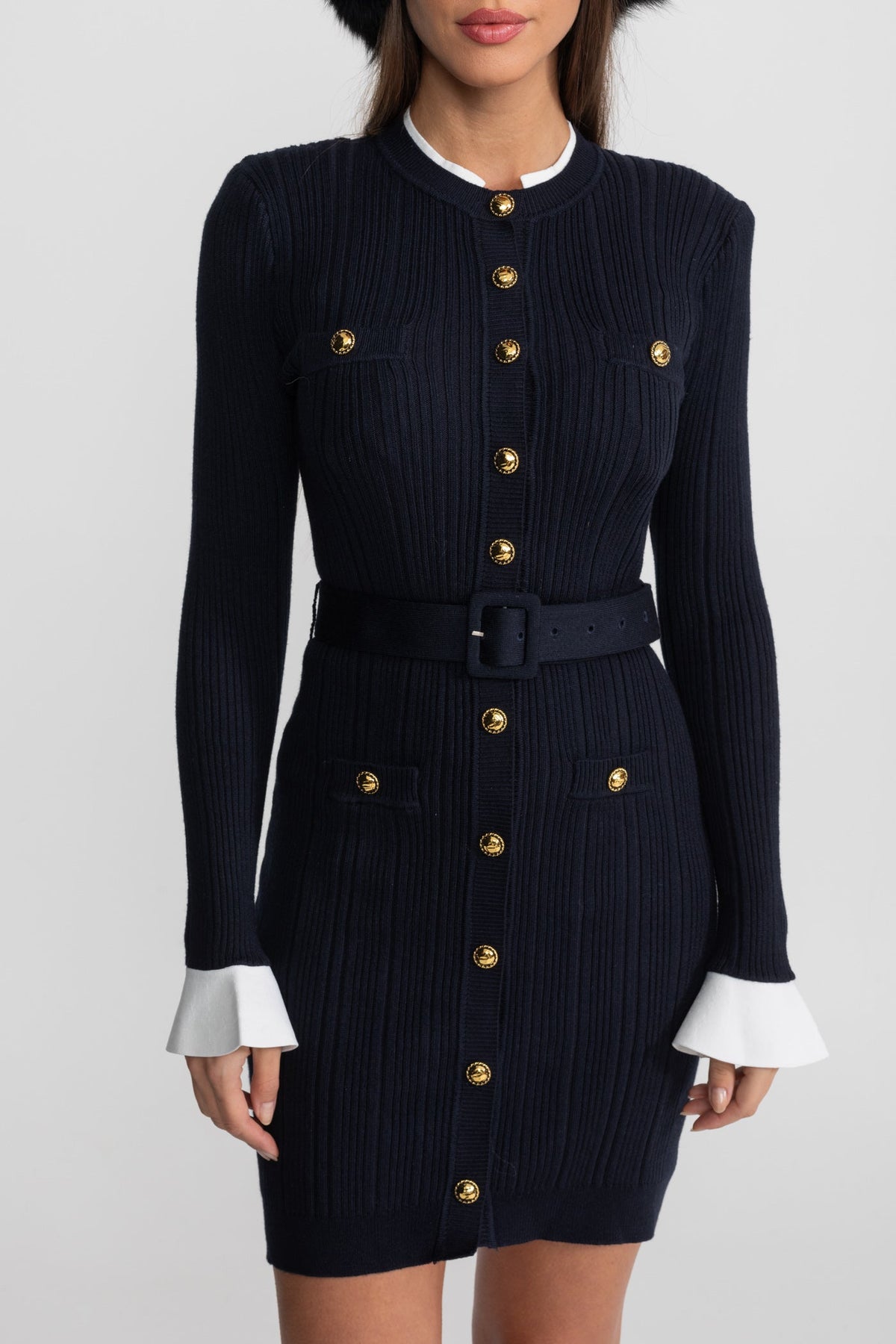 Ribbed Knit Mini Dress with Gold Button Fastening - Dark Blue