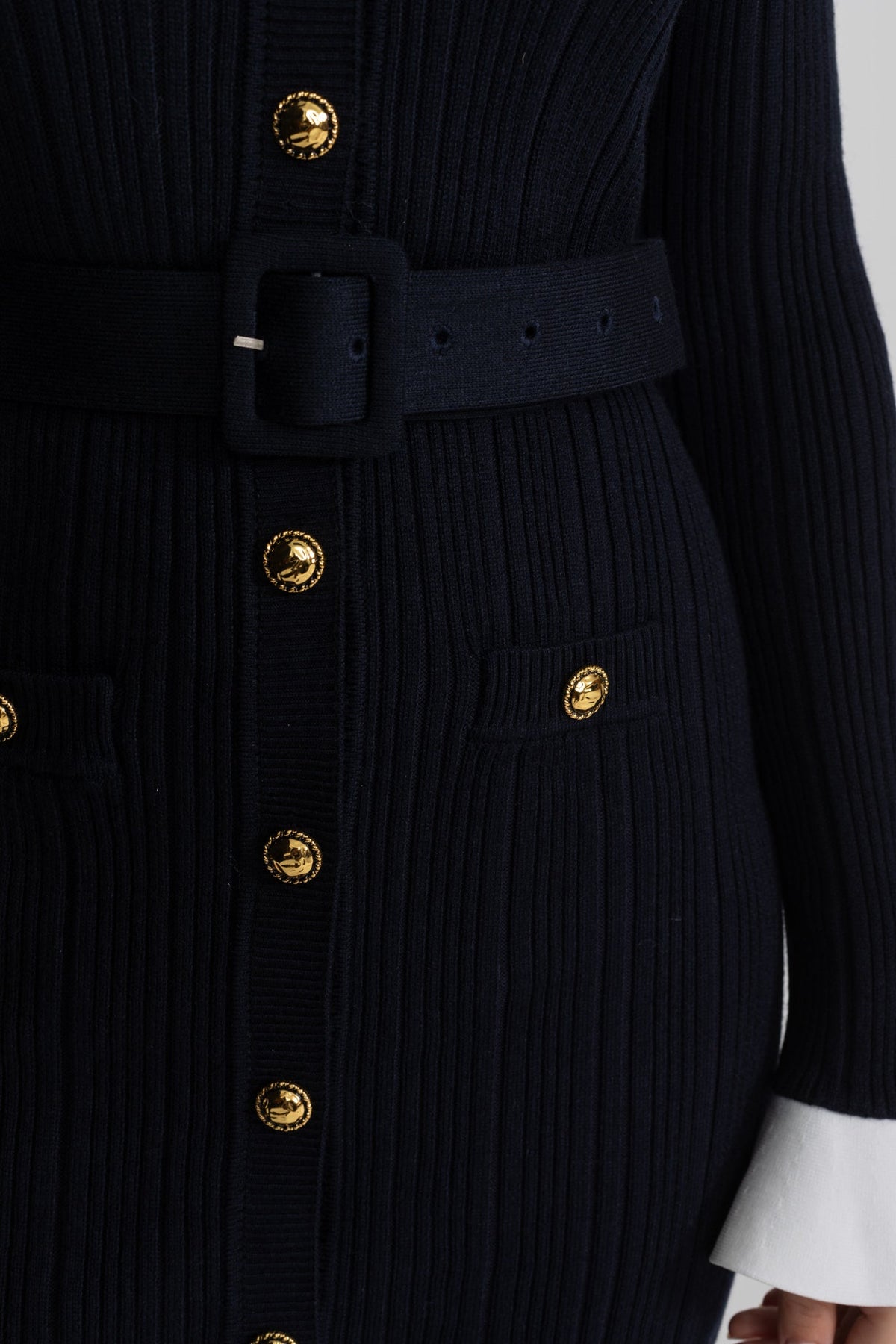 Ribbed Knit Mini Dress with Gold Button Fastening - Dark Blue