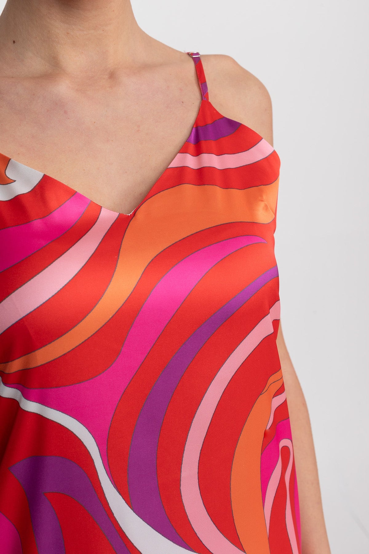 Printed Strappy Midi Dress With Abstract Swirl Pattern - Red