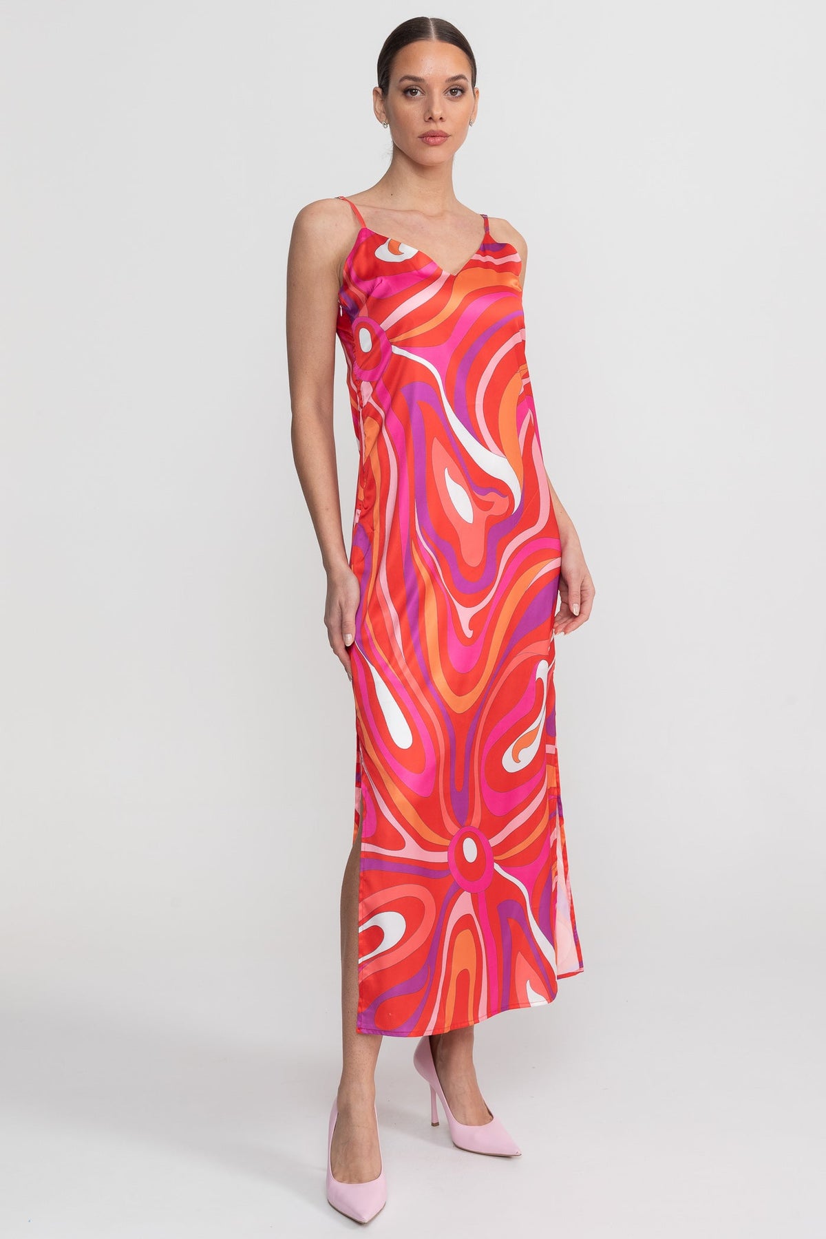 Printed Strappy Midi Dress With Abstract Swirl Pattern - Red