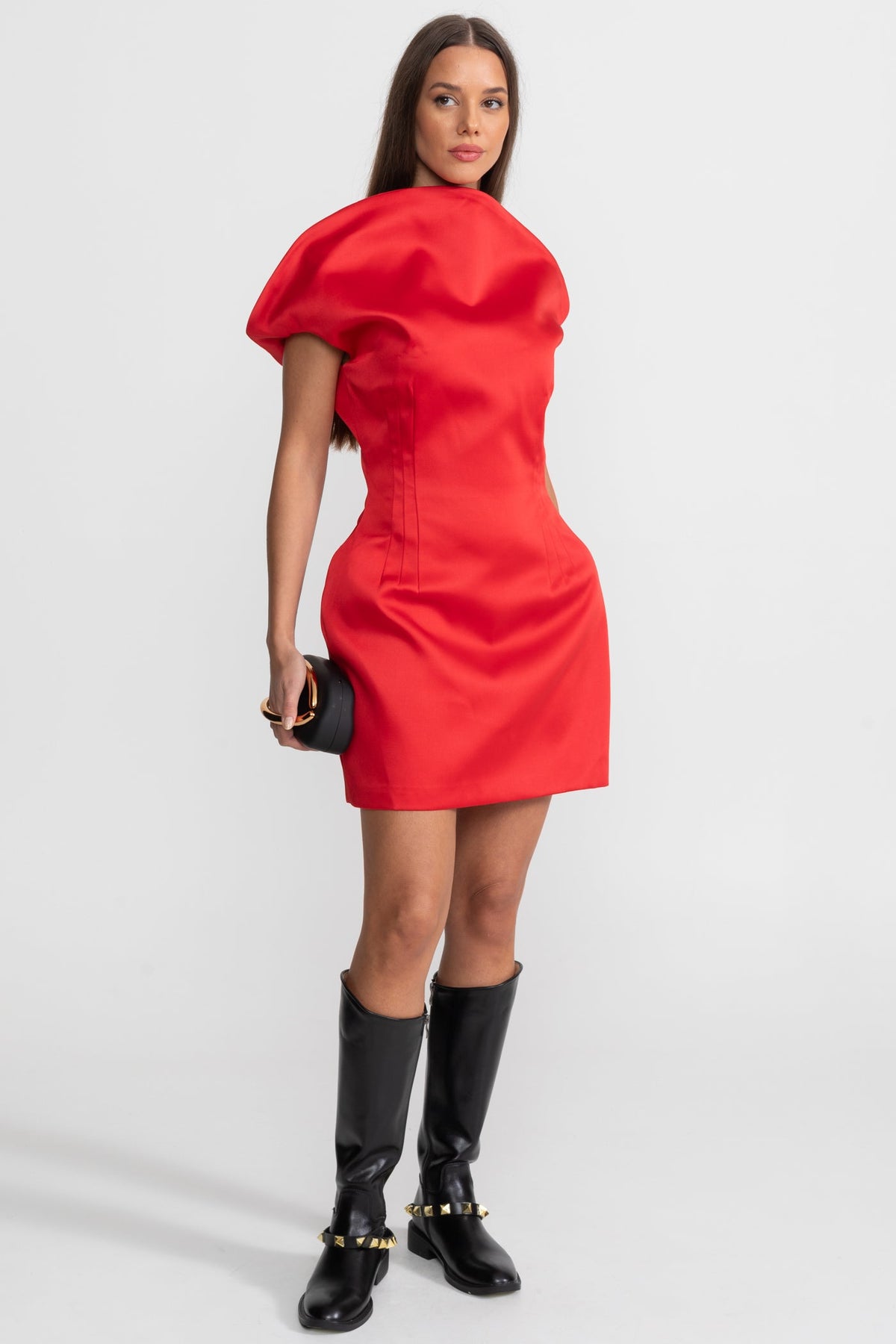 Satin Mini Dress with Sculptural Shoulder Detail - Red