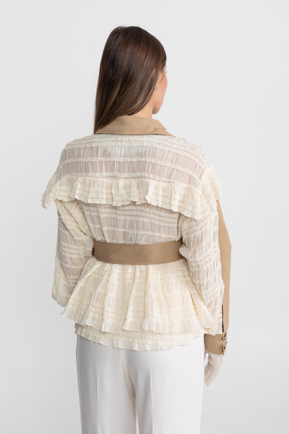Lace Panel Trench Jacket With Belt – Beige