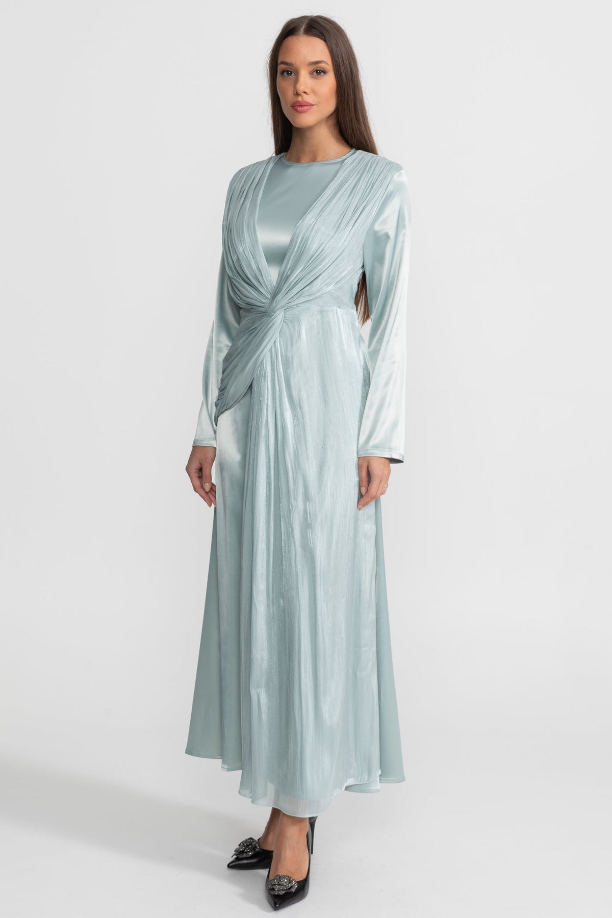 Satin Midi Dress with Draped Overlay and Knot Detail - Teal
