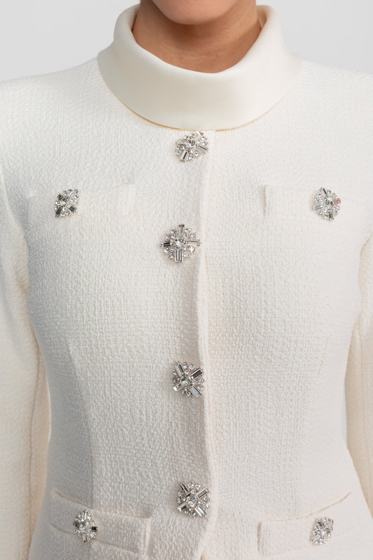 Textured Co-Ord Set With High Neck Jacket And Crystal Button Detail - White