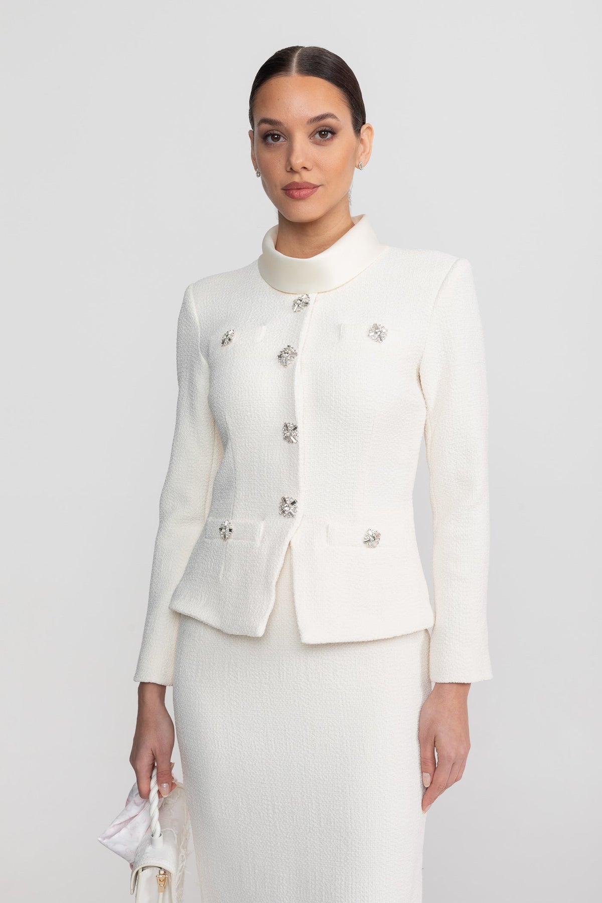 Textured Co-Ord Set With High Neck Jacket And Crystal Button Detail - White
