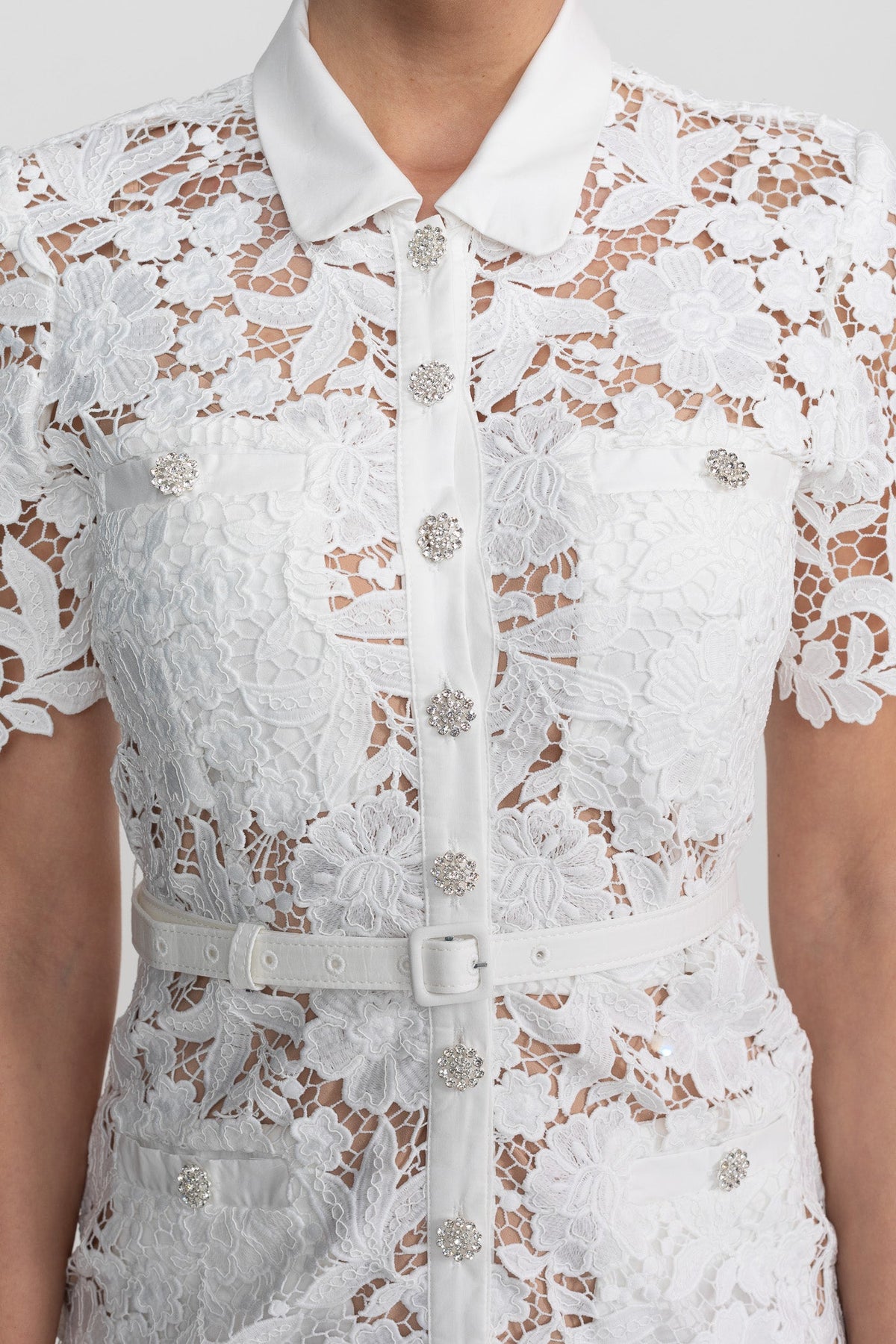 Lace Short Sleeve Midi Dress With Collared Neckline And Belted Waist - White