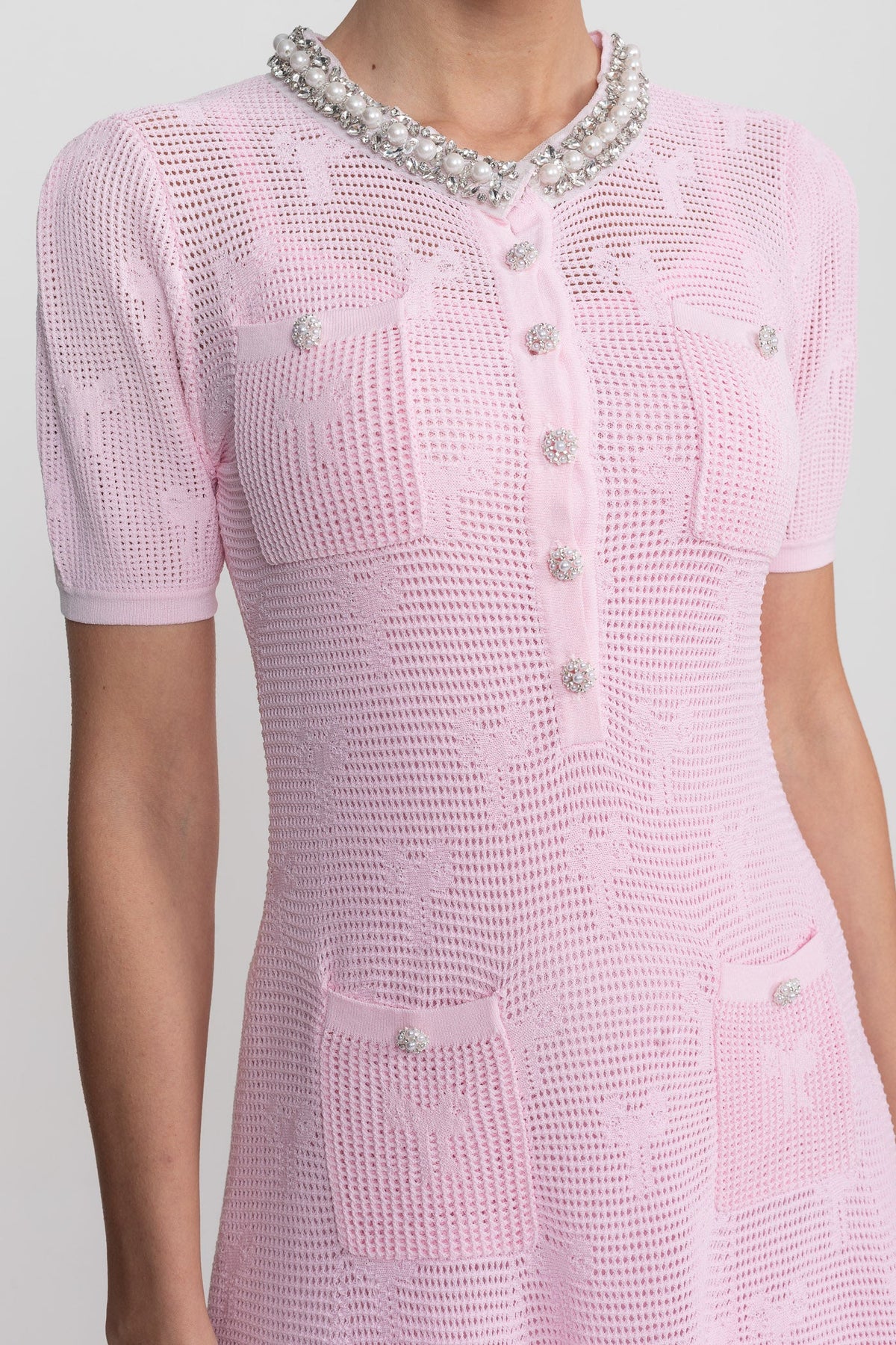 Textured Short Sleeve Mini Dress With Pearl Trim Neckline And Crystal Buttons - Pink