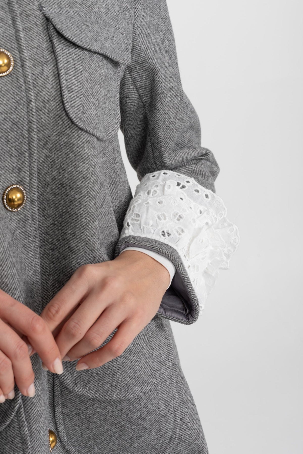 Mini Coat with Pearl-Embellished Lace Collar – Grey
