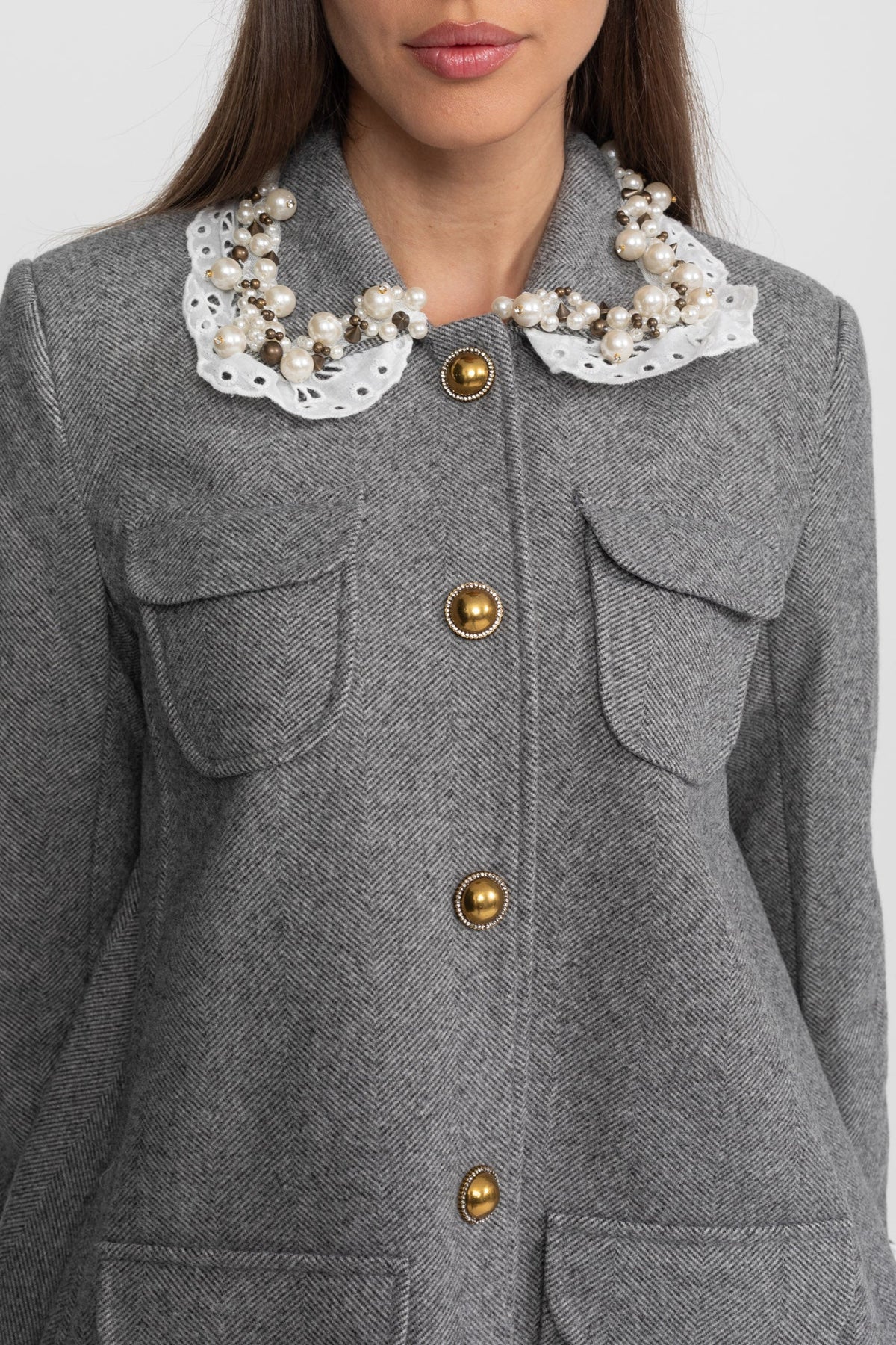 Mini Coat with Pearl-Embellished Lace Collar – Grey