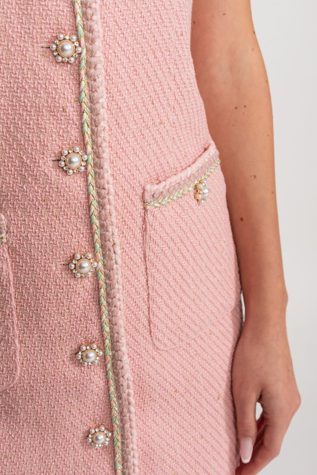Short Sleeve Tweed Mini Dress With Pearl Buttons – Blush Pink