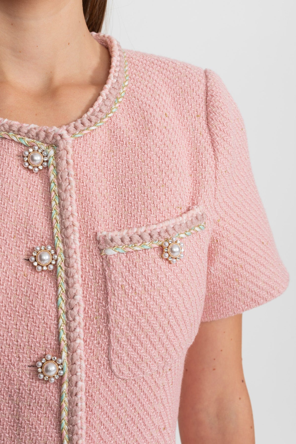Short Sleeve Tweed Mini Dress With Pearl Buttons – Blush Pink