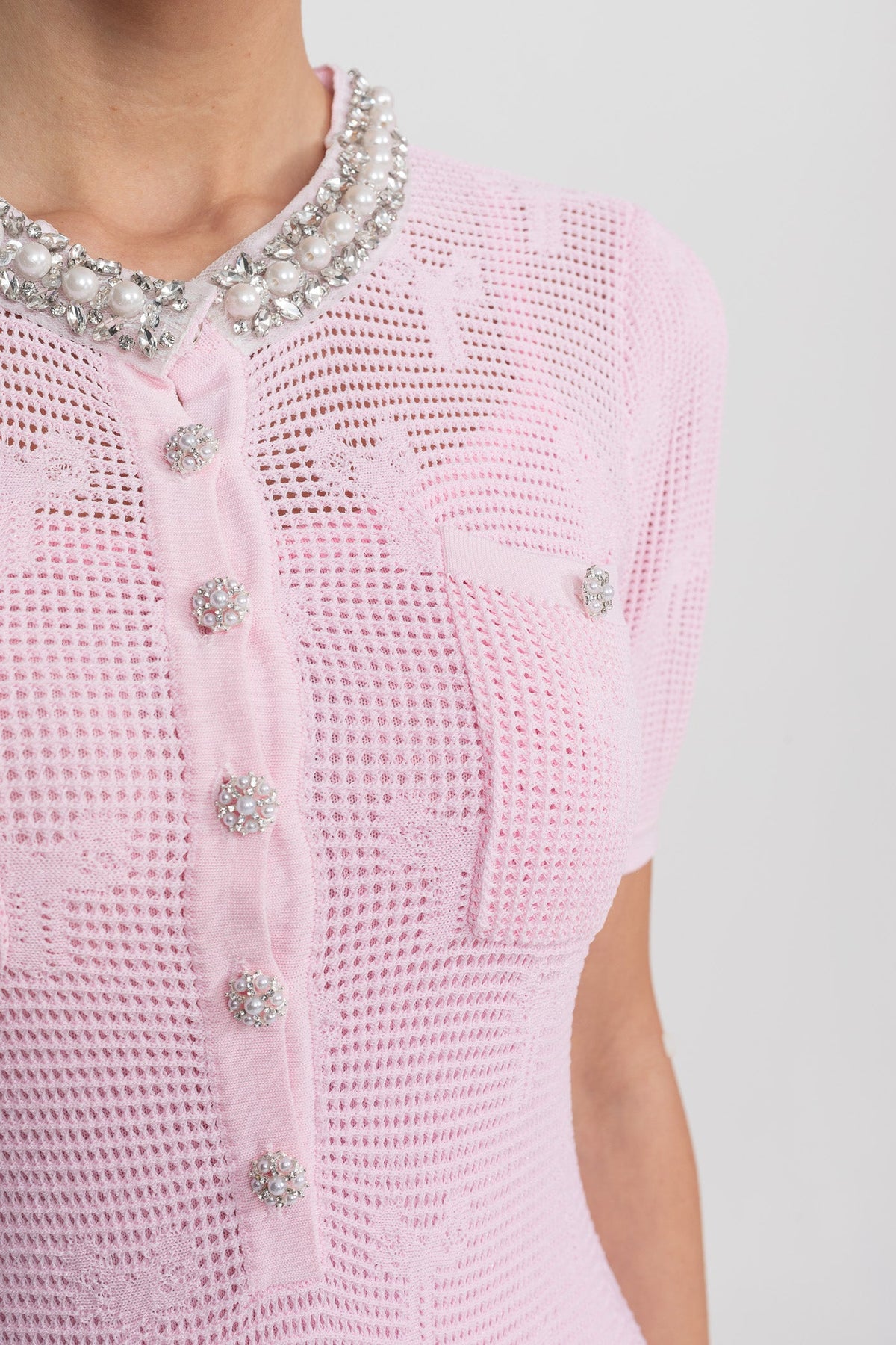 Textured Short Sleeve Mini Dress With Pearl Trim Neckline And Crystal Buttons - Pink