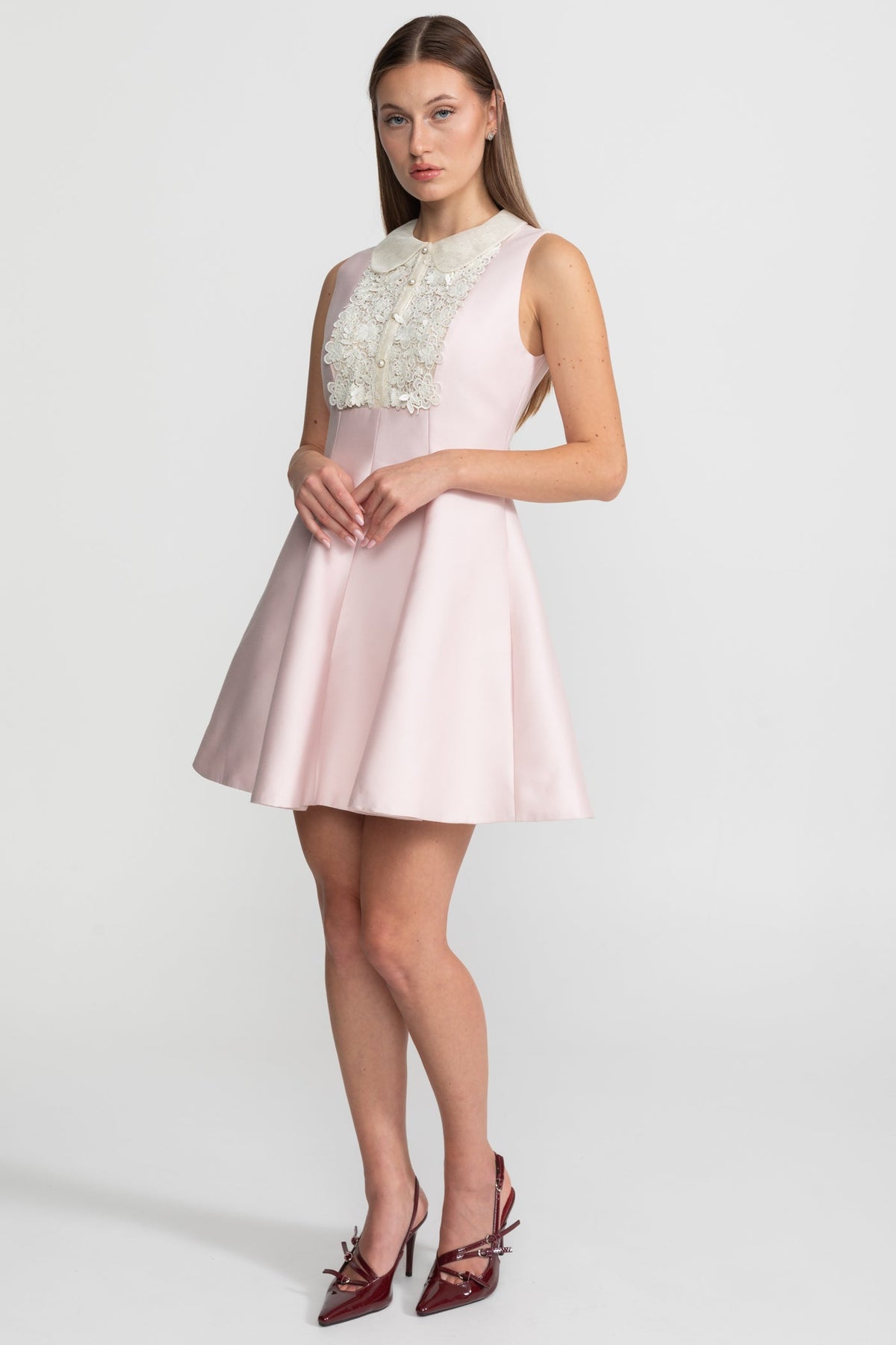 A-Line Mini Dress with Lace Bib – Blush Pink