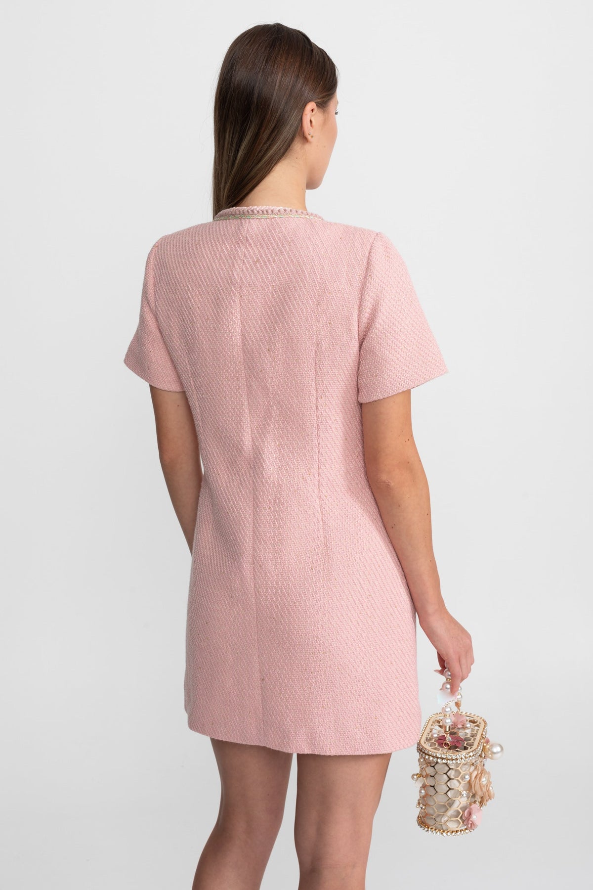 Short Sleeve Tweed Mini Dress With Pearl Buttons – Blush Pink