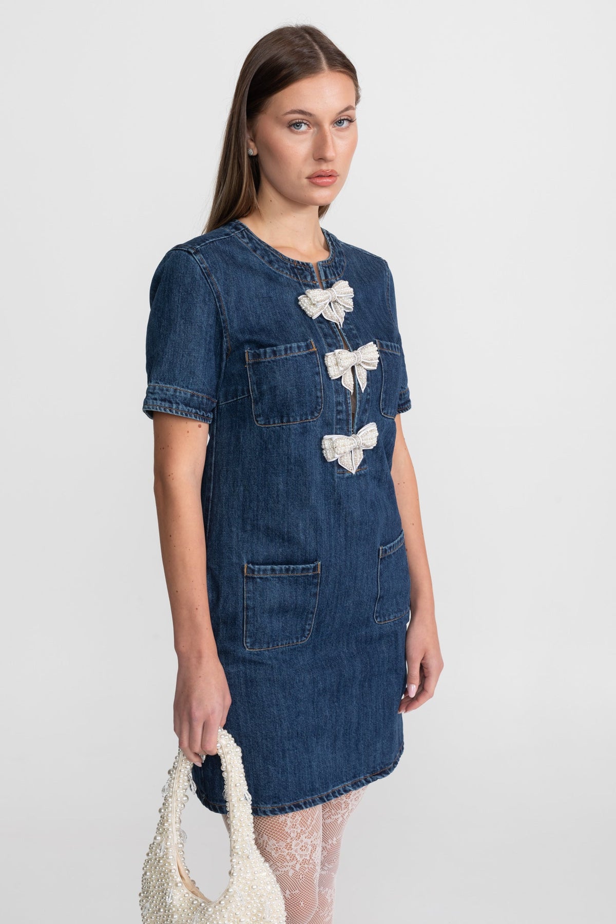 Embellished Denim Mini Dress With Sparkling Bows – Dark Blue