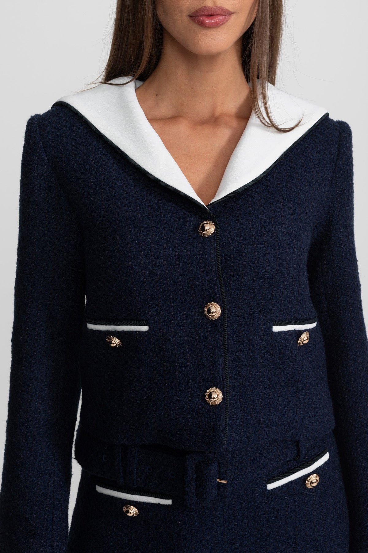 Tweed Cropped Jacket with Contrast Collar - Navy
