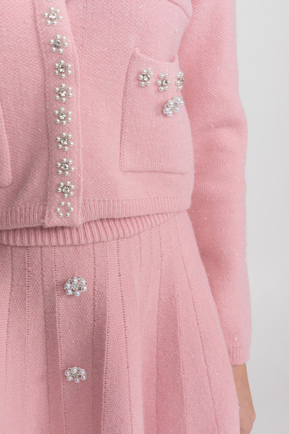 Knit Co-Ord Set With Long Sleeve Cardigan And Matching Mini Skirt - Blush Pink