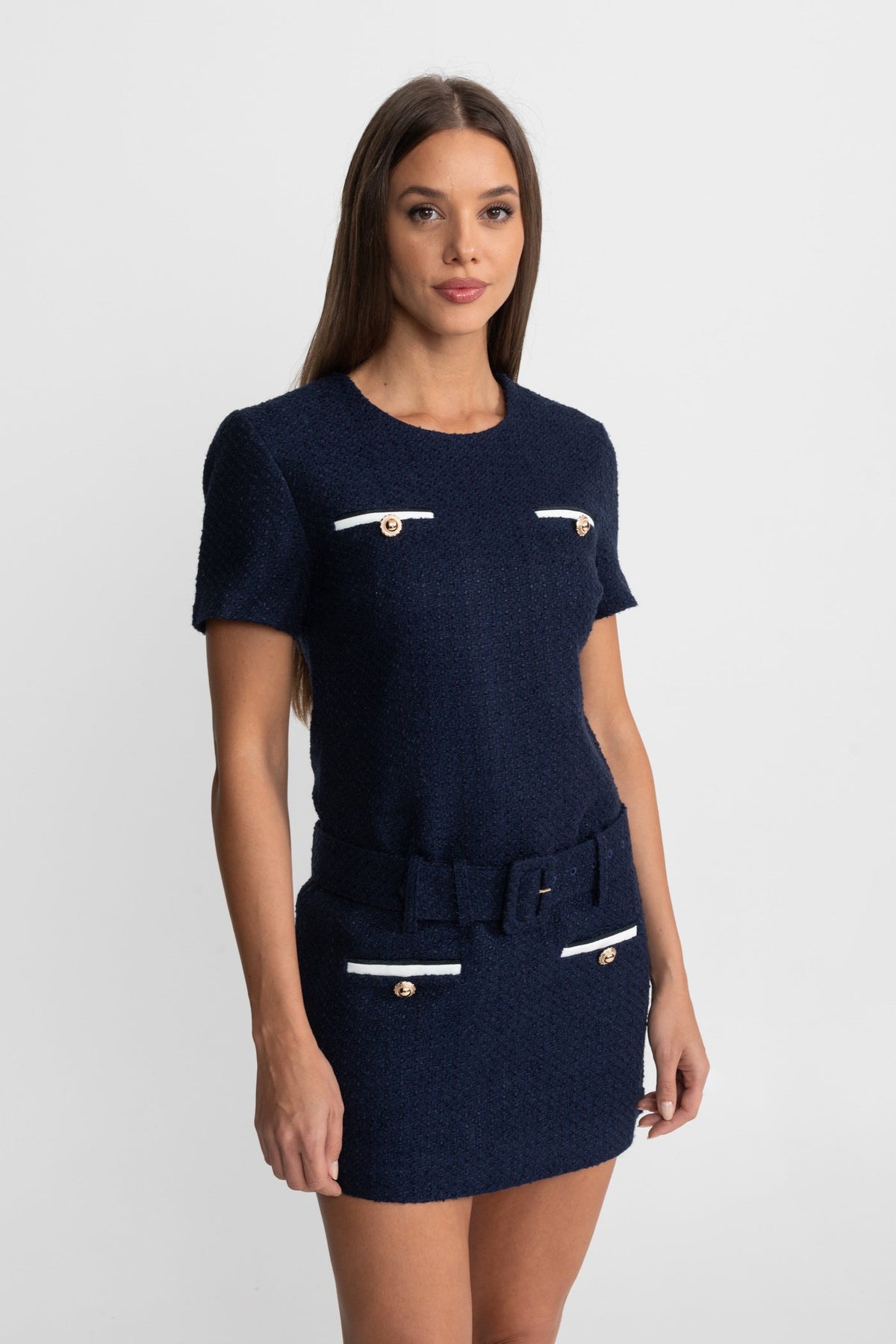 Belted Tweed Mini Dress with Contrast Pockets - Navy
