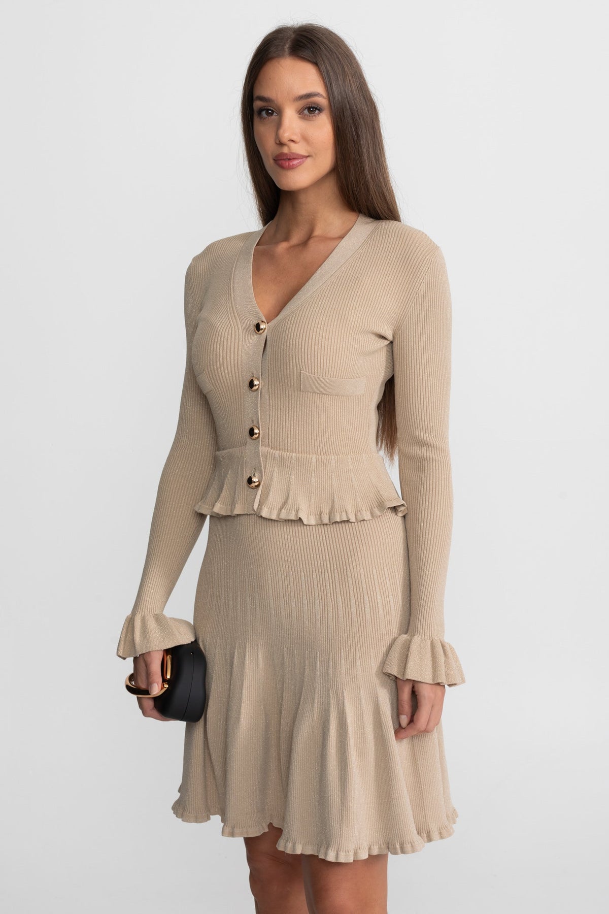 Ribbed Knit Dress With Peplum Waist And Flared Hem – Beige