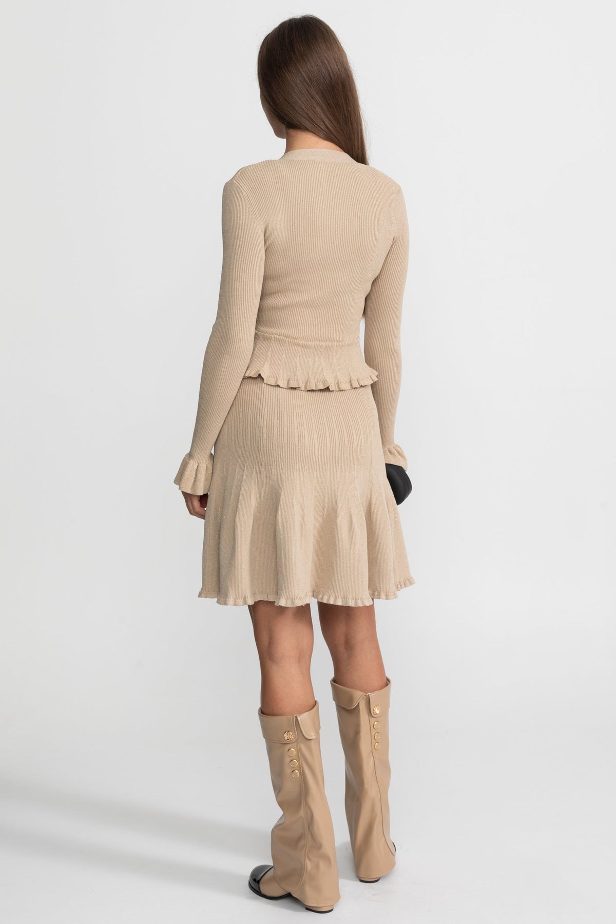 Ribbed Knit Dress With Peplum Waist And Flared Hem – Beige