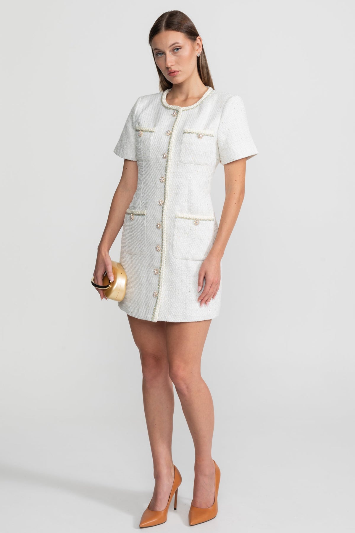 Tweed Mini Dress with Pearl Detailing – White