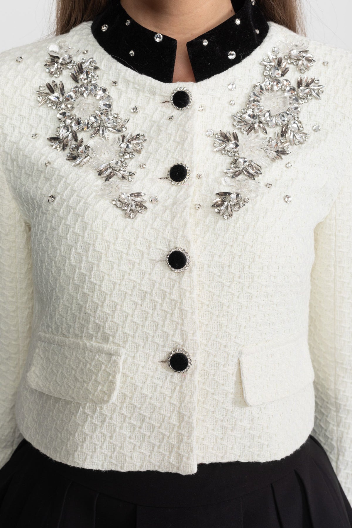 Embellished Textured Cropped Blazer with Crystal Floral Appliqué – White