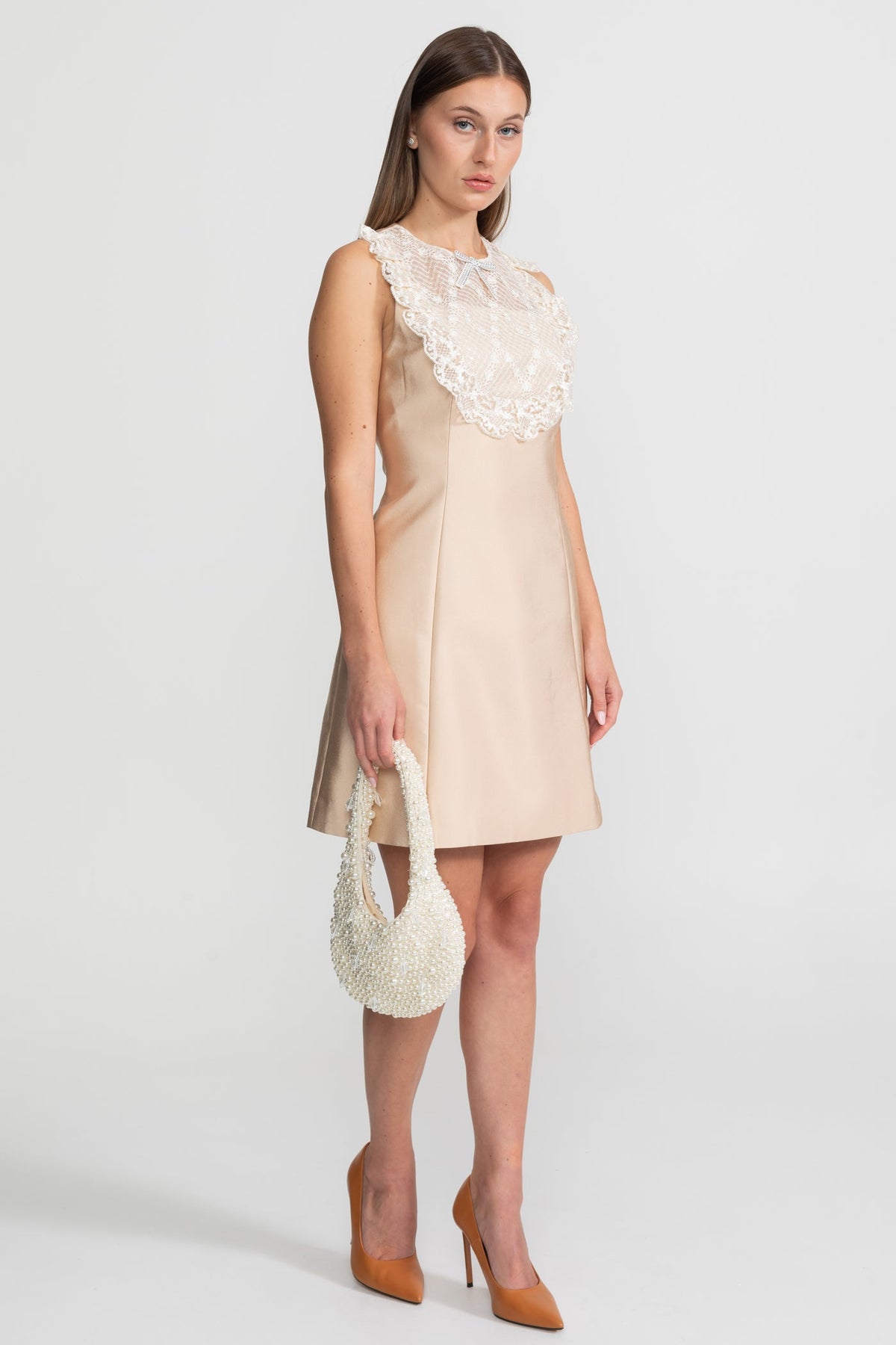 Lace Bib Detail Mini Dress – Nude