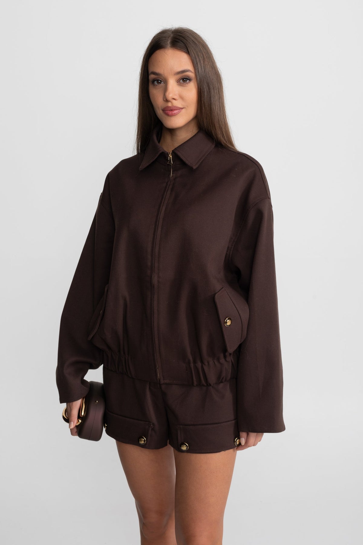 Co-Ord Set With Zip-Up Utility Jacket And Matching Mini Skirt –  Brown