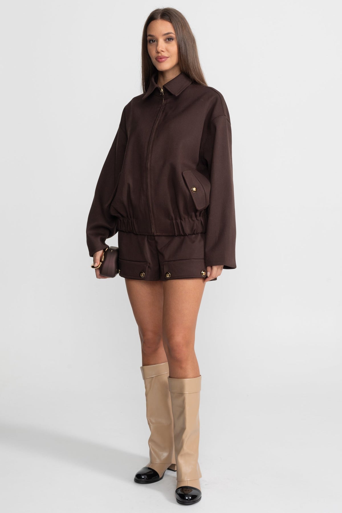 Co-Ord Set With Zip-Up Utility Jacket And Matching Mini Skirt –  Brown