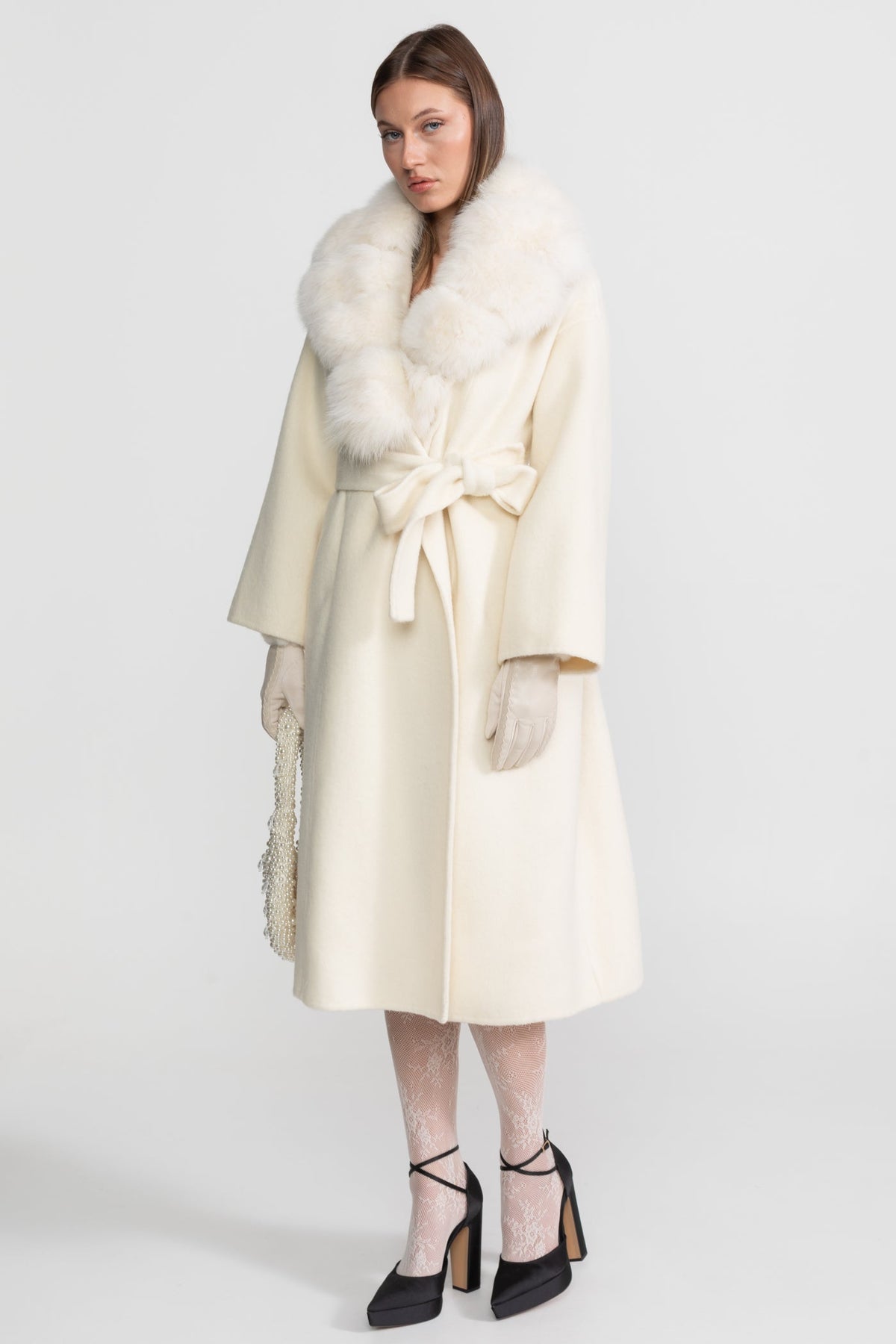 Wool Wrap Coat with Fox Fur Collar And Tie Belt – Ivoire