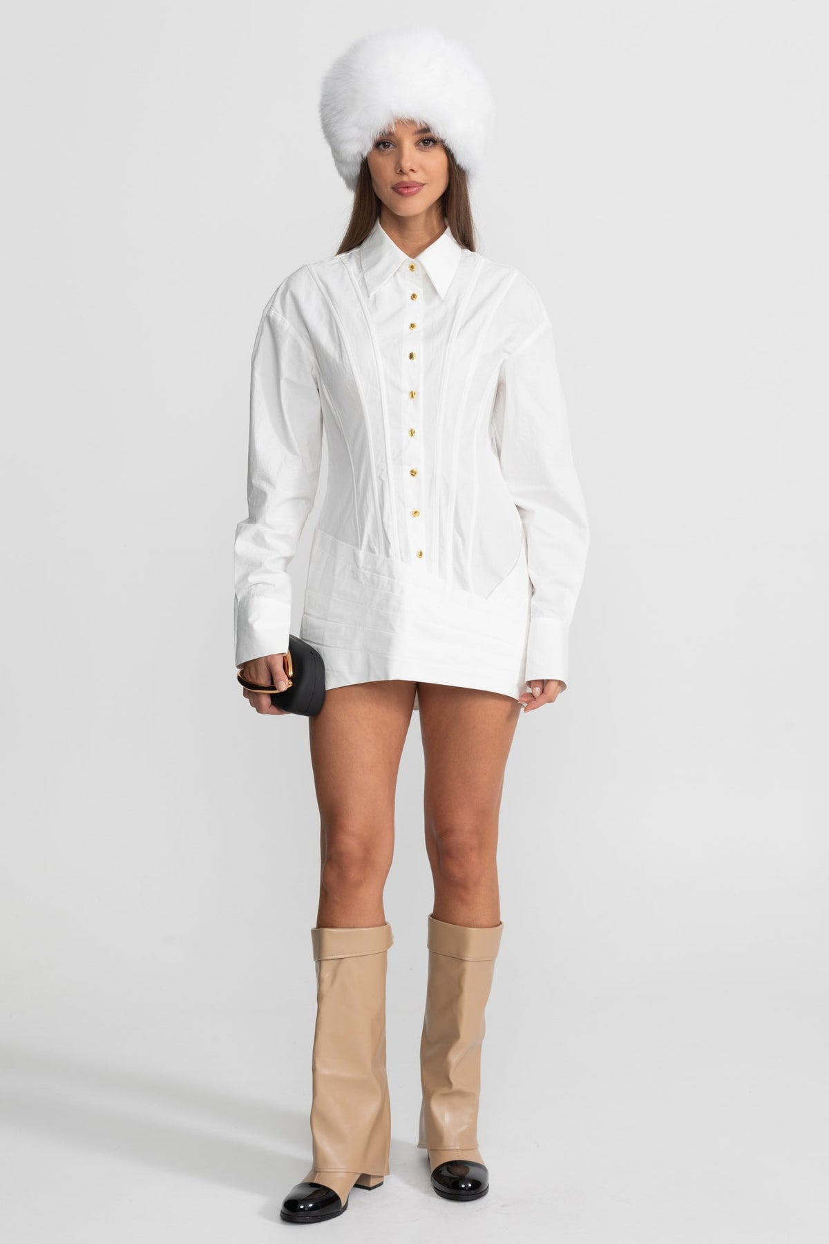 Structured Mini Dress With Gold Button Detailing – White
