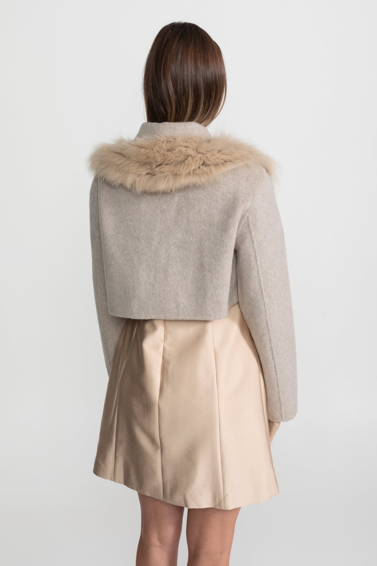 Wool Cropped Jacket with Fox Fur Collar – Taupe