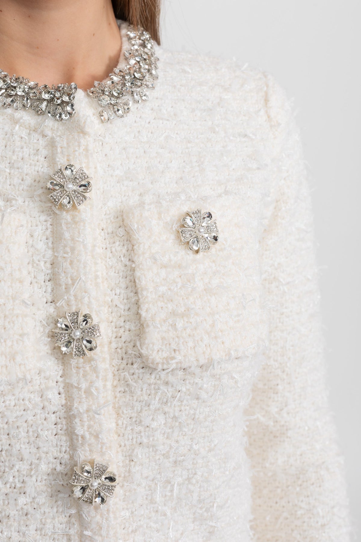 Tweed Blazer With Crystal Embellishments And Buttons - Ivoire