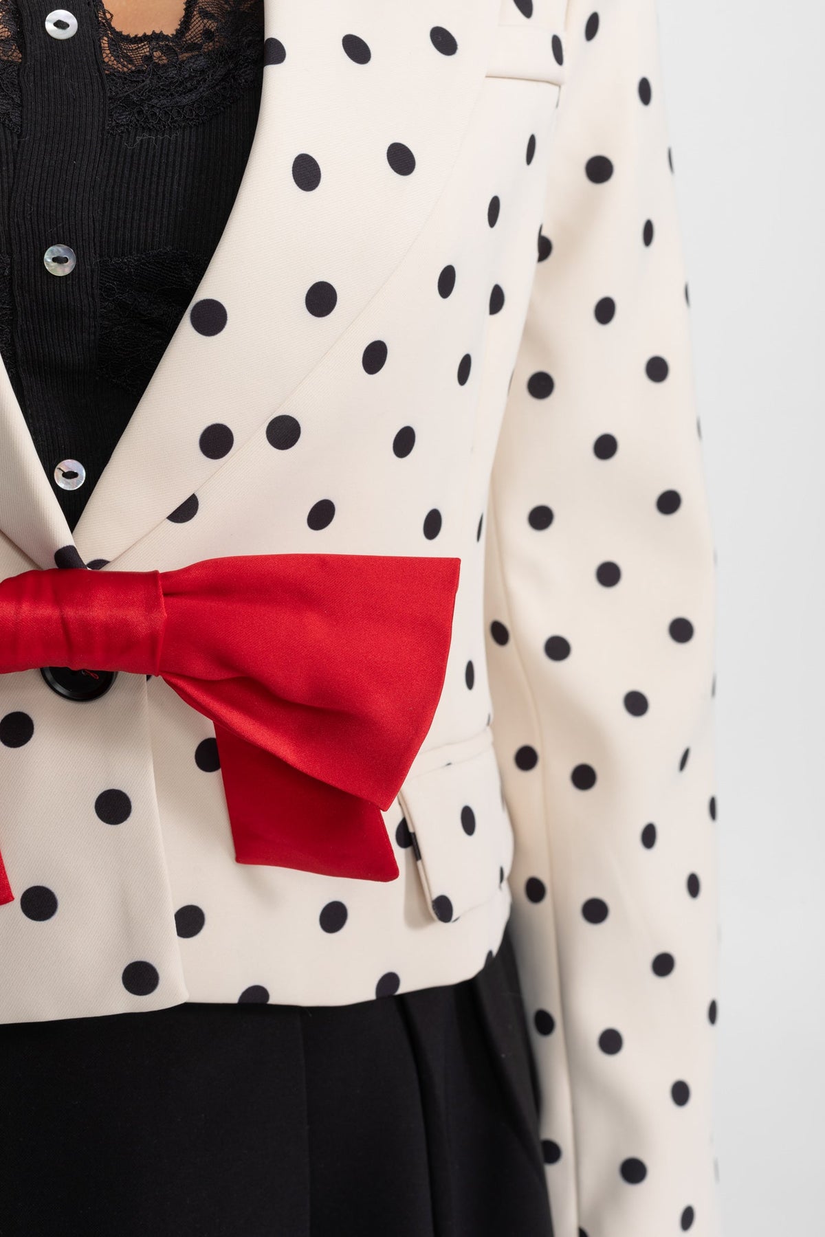 Polka Dot Cropped Blazer with Statement Bow Detail – Ivoire & Black