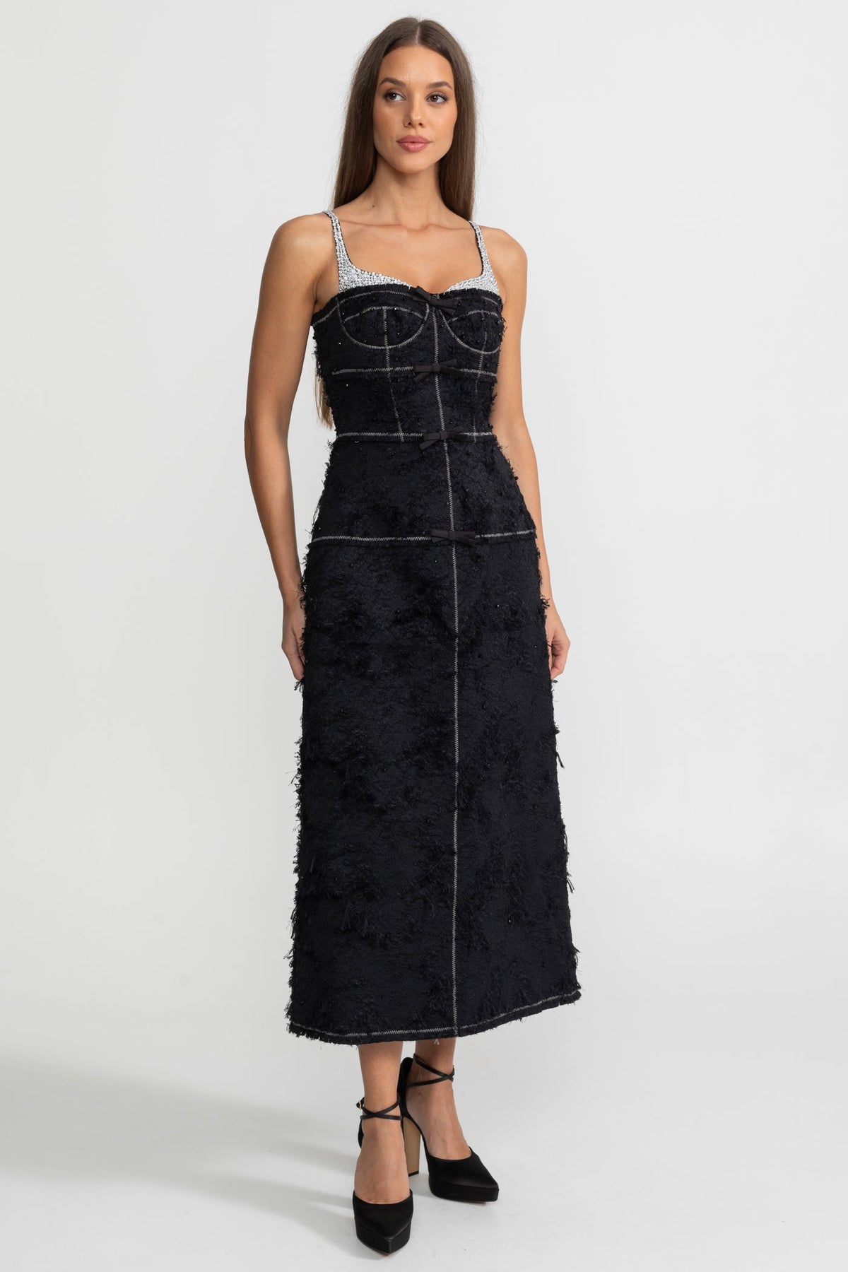 Textured Tweed Midi Dress With Contrast Straps and Bow Detailing – Black