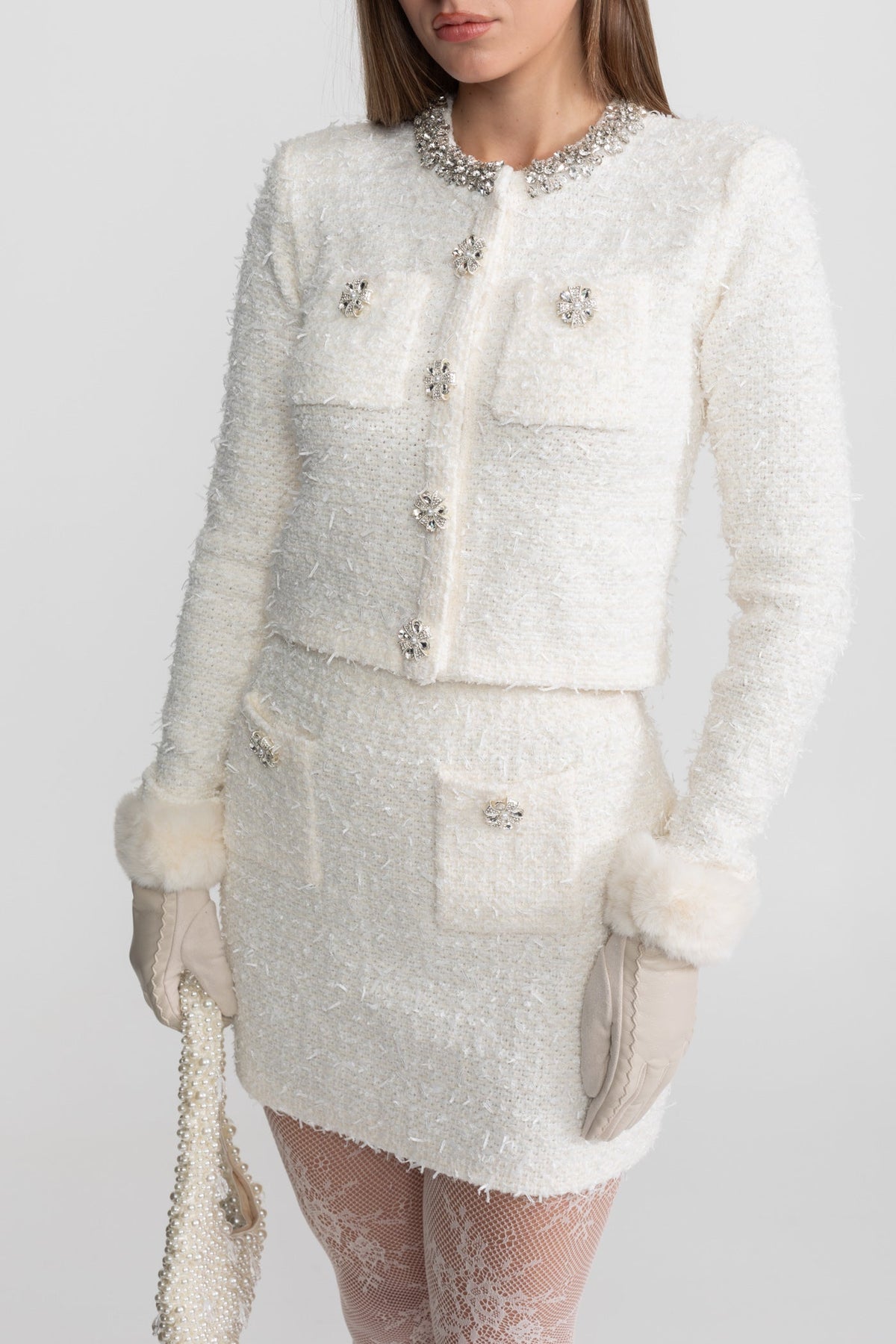 Tweed Mini Skirt With Crystal Buttons - Ivoire