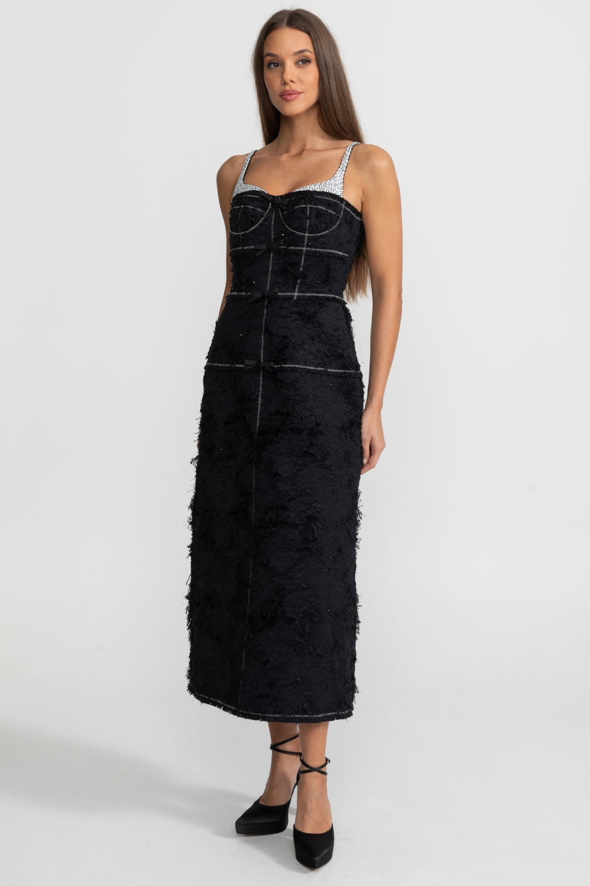 Textured Tweed Midi Dress With Contrast Straps and Bow Detailing – Black