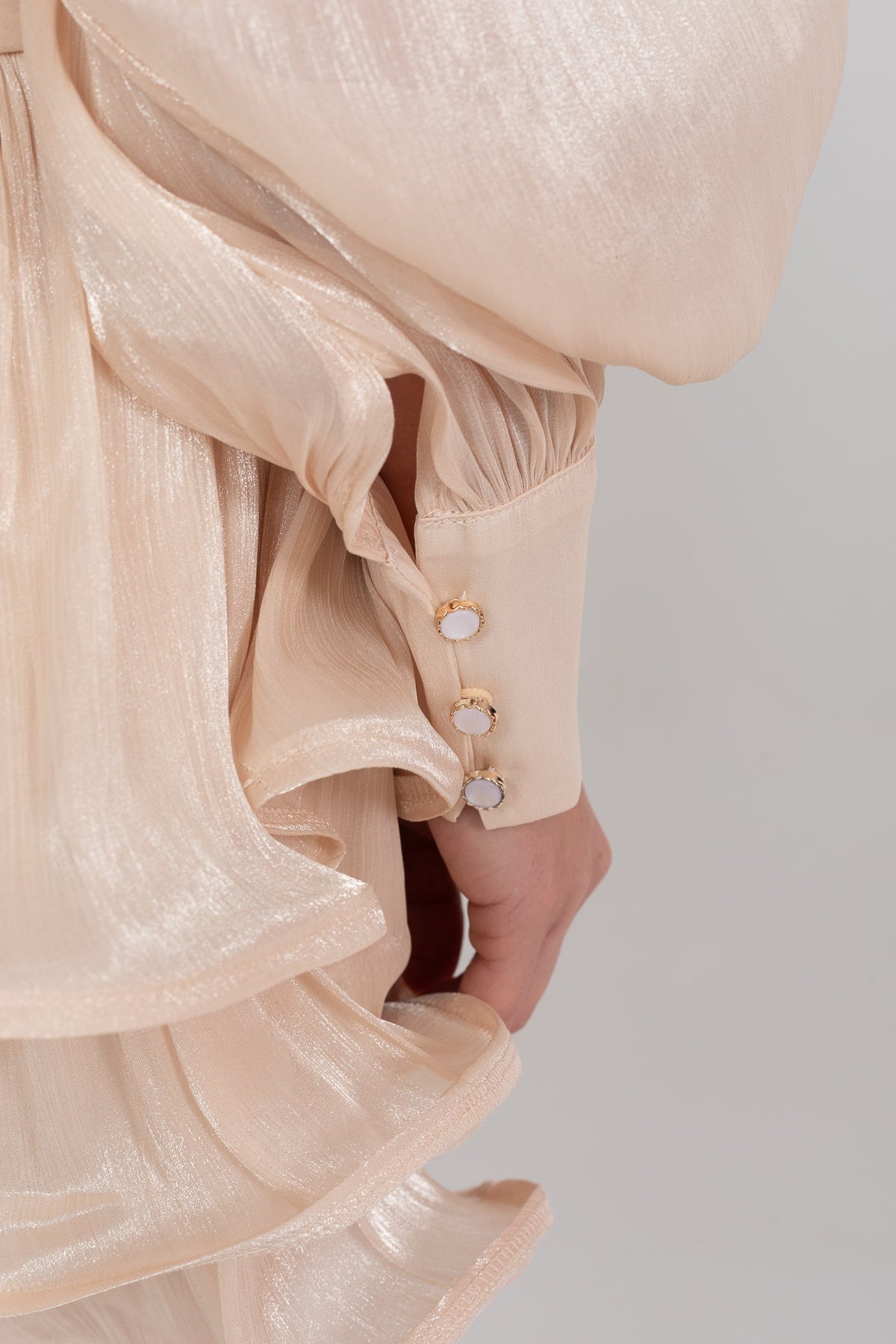 Draped Long Sleeve Mini Dress With Tiered Ruffle Skirt - Champagne