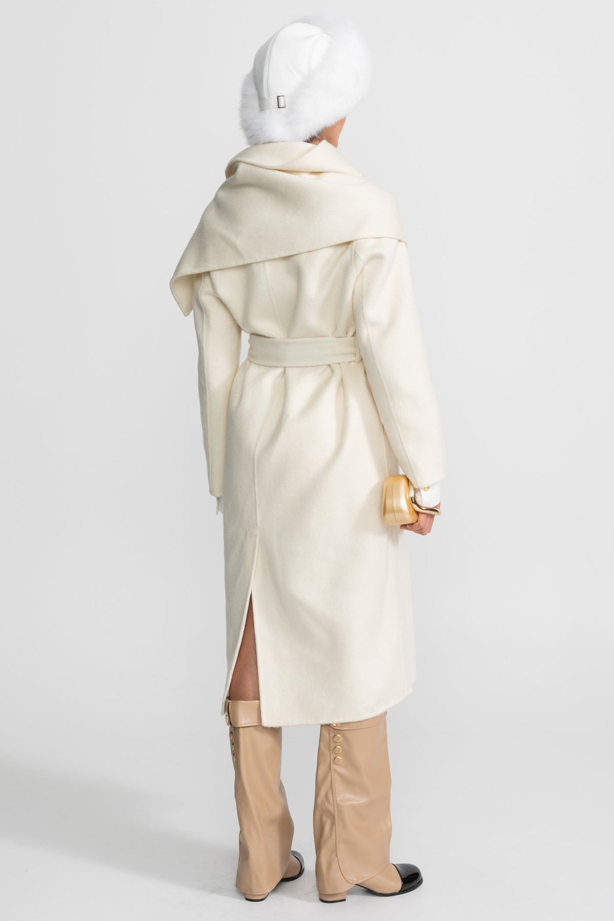 Maxi Coat with Oversized Scarf Collar - Beige