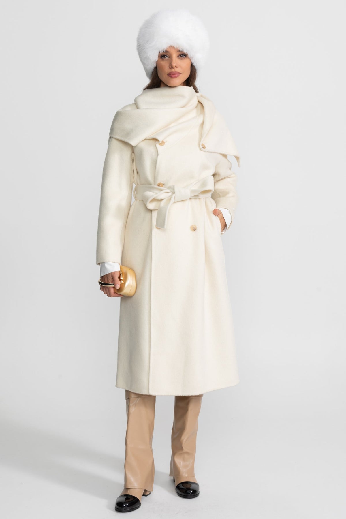 Maxi Coat with Oversized Scarf Collar - Beige