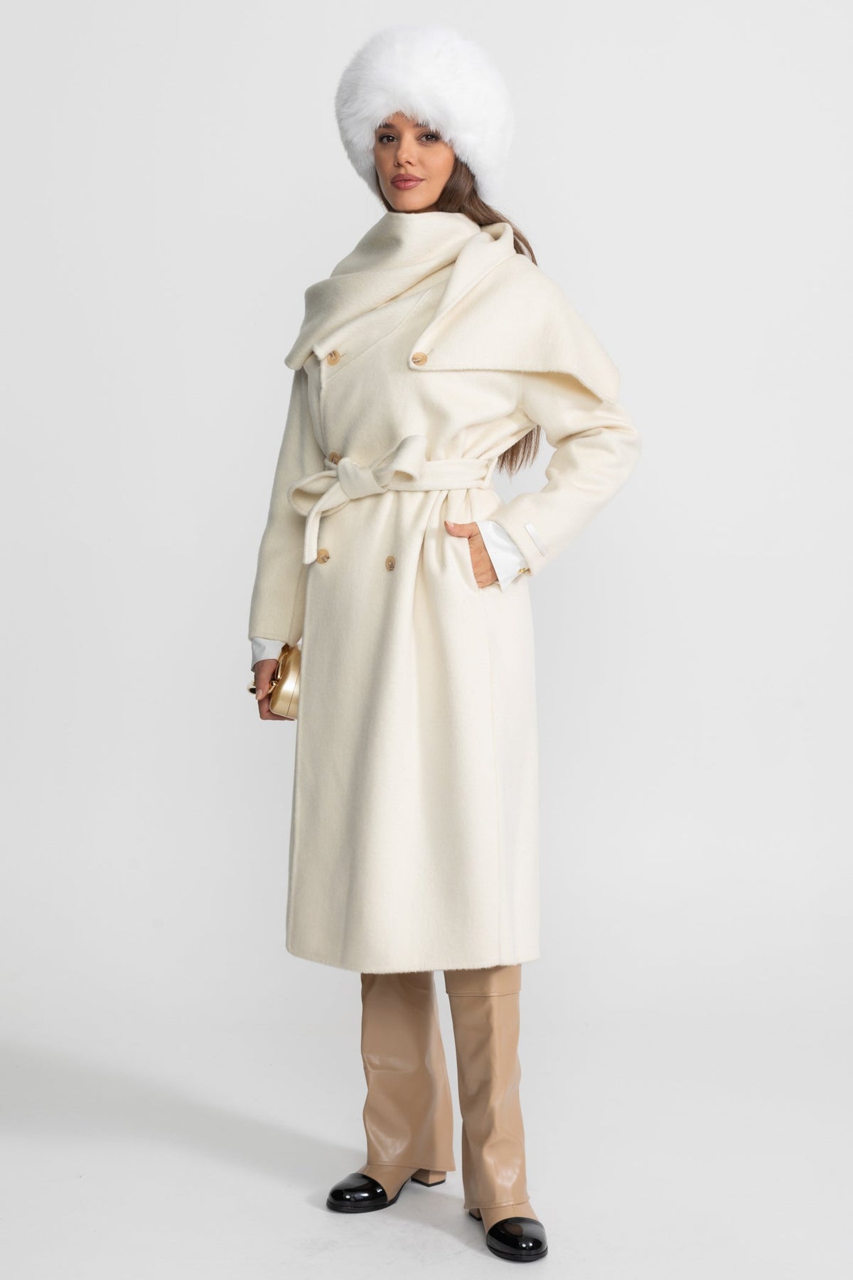 Maxi Coat with Oversized Scarf Collar - Beige