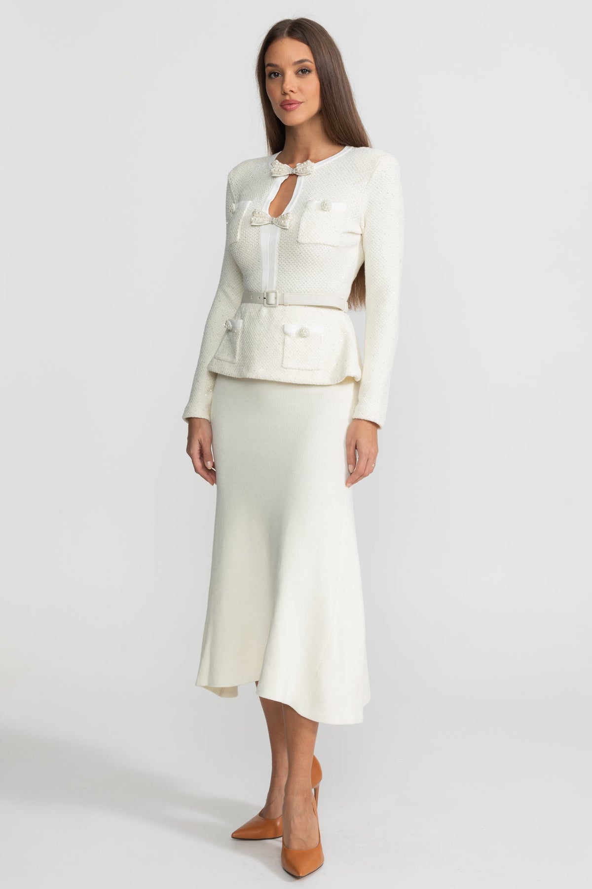 Tweed Peplum Knit Midi Dress – White