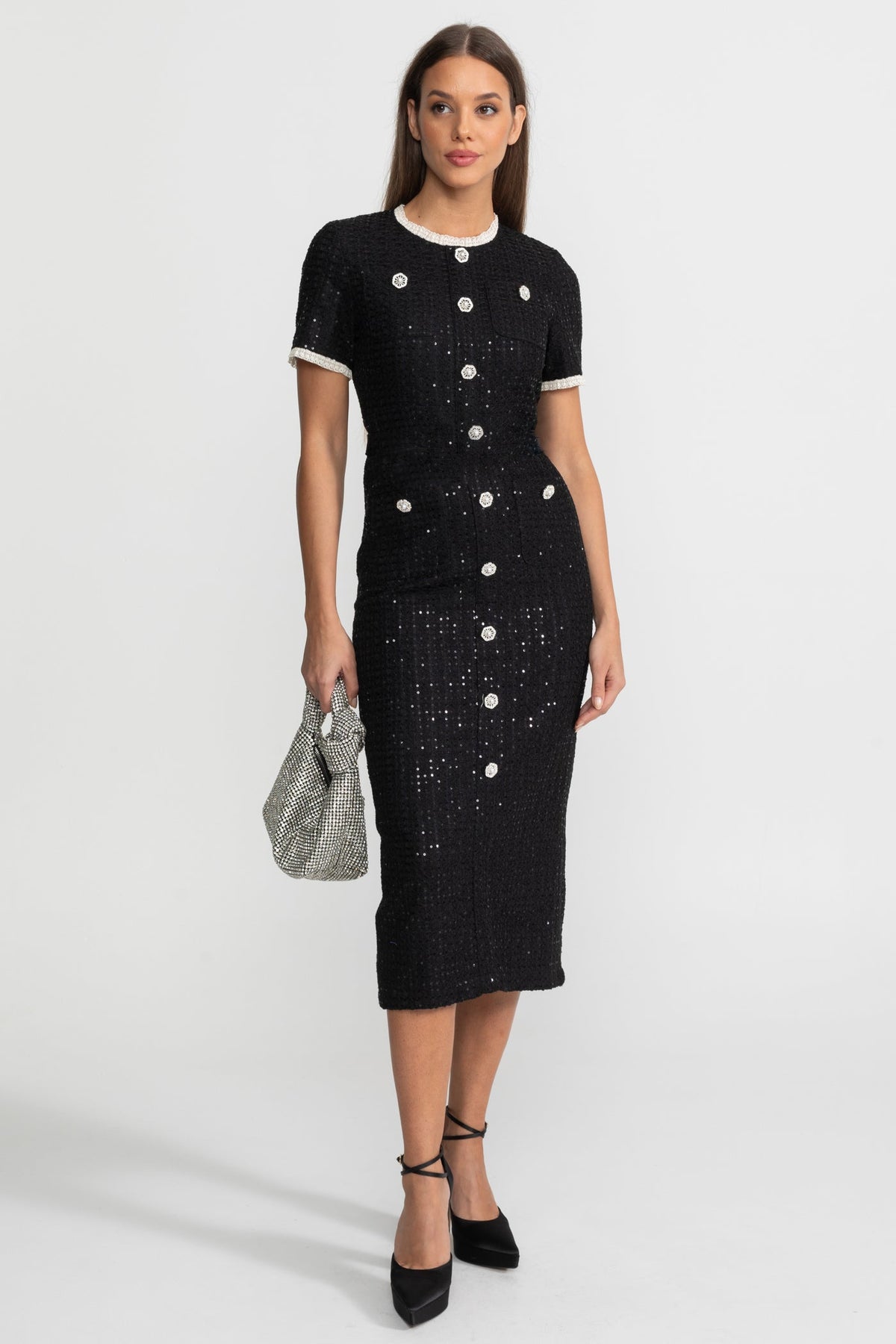 Sequin Midi Dress With Crystal Buttons and Lace Trim – Black