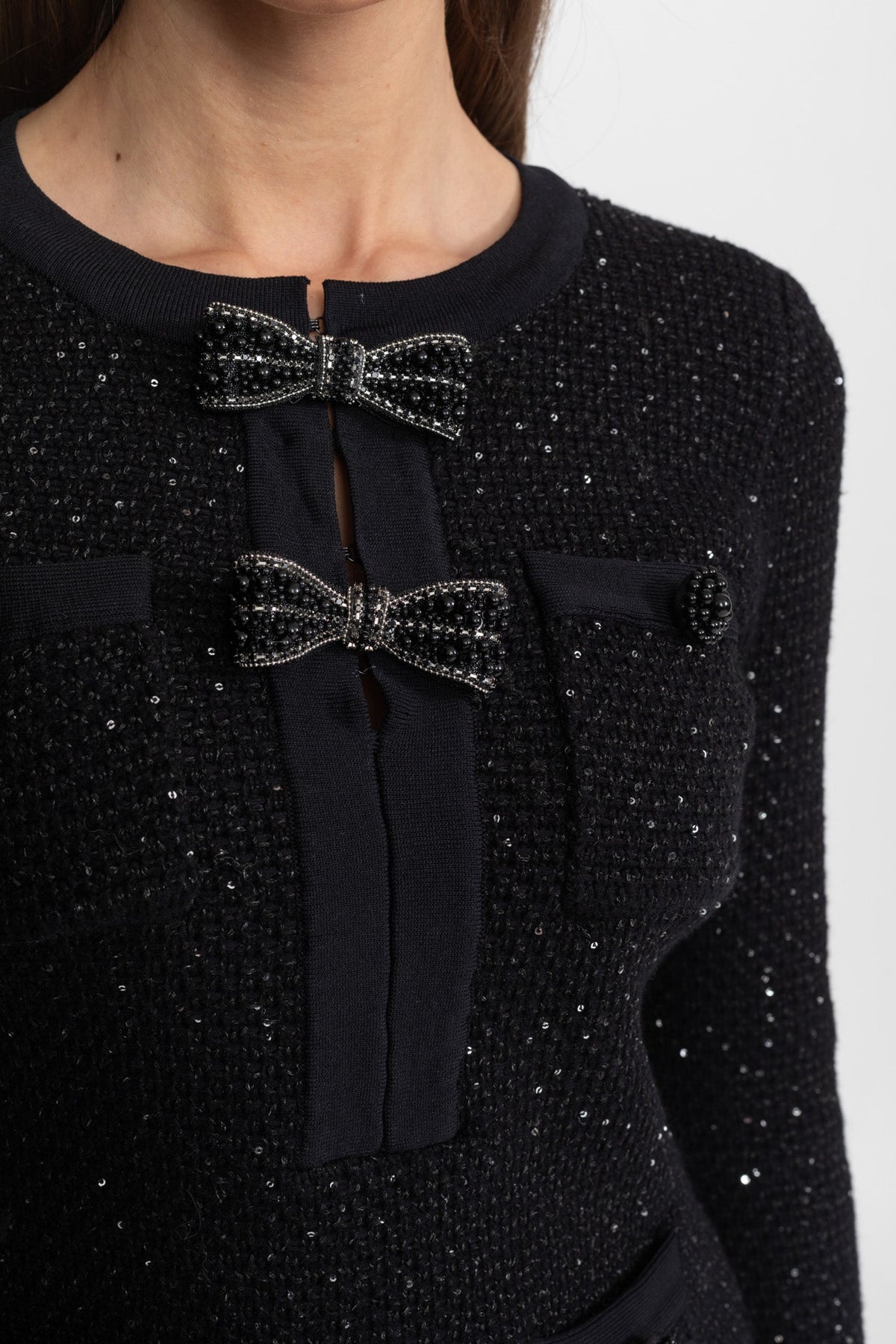 Embellished Tweed Co-Ord Set with Bow Closures And Midi Skirt – Black
