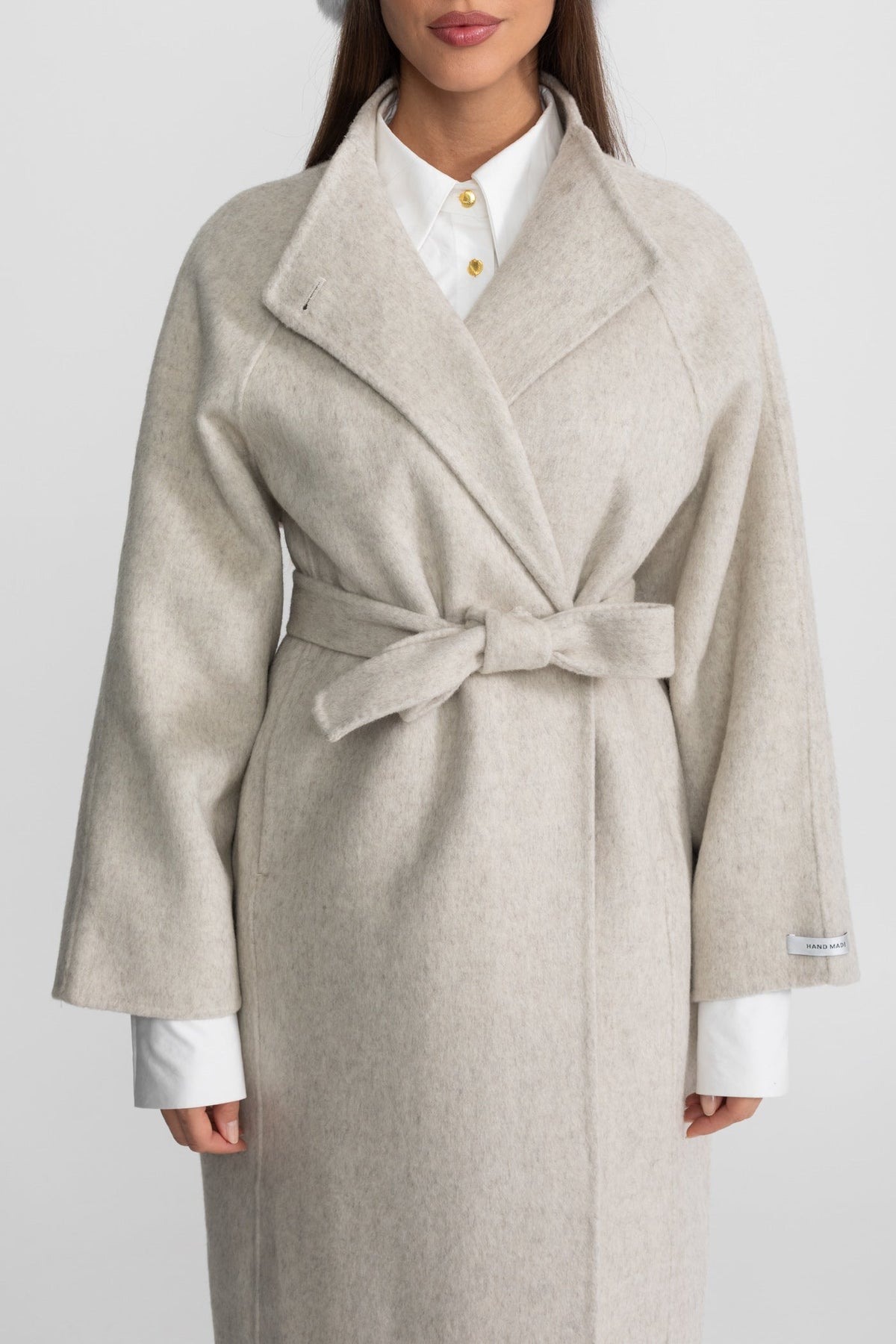 Belted Midi Coat With High Neckline - Beige