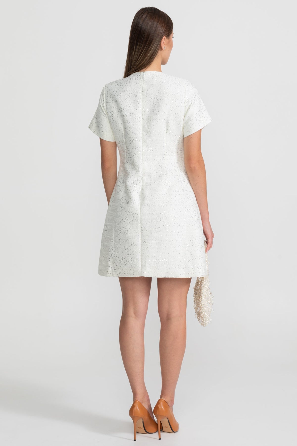 Sequin Mini Dress with Crystal Bow Accents - White