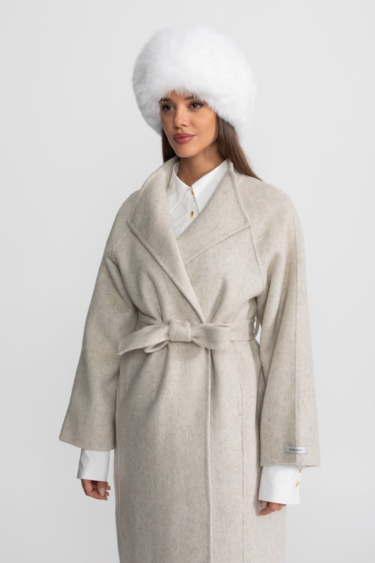Belted Midi Coat With High Neckline - Beige
