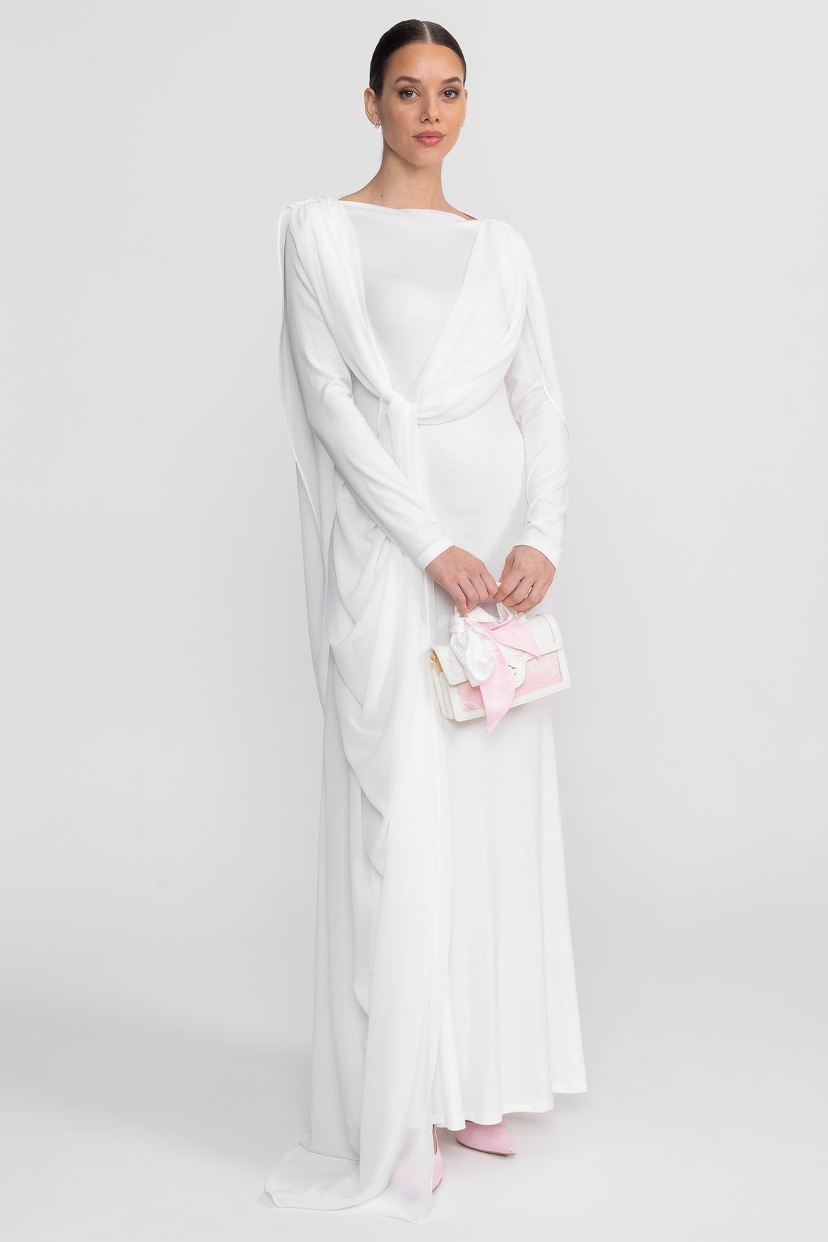 Draped Long Sleeve Maxi Dress With Cape Overlay With Knot Front Detail  - White