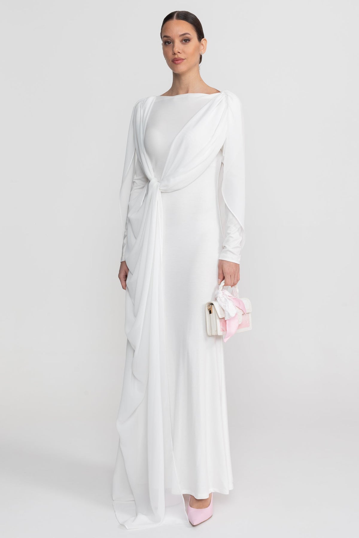 Draped Long Sleeve Maxi Dress With Cape Overlay With Knot Front Detail  - White