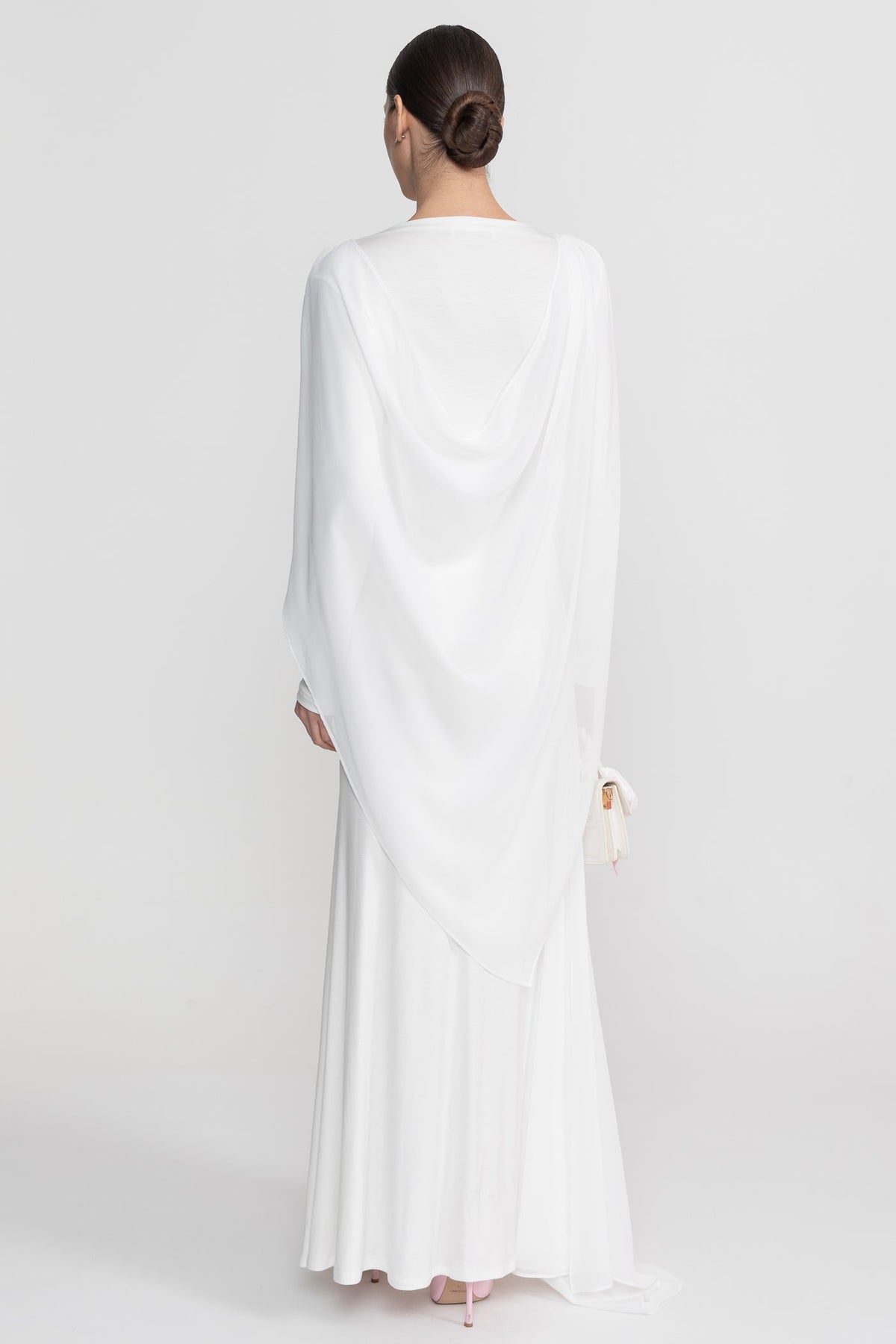 Draped Long Sleeve Maxi Dress With Cape Overlay With Knot Front Detail  - White